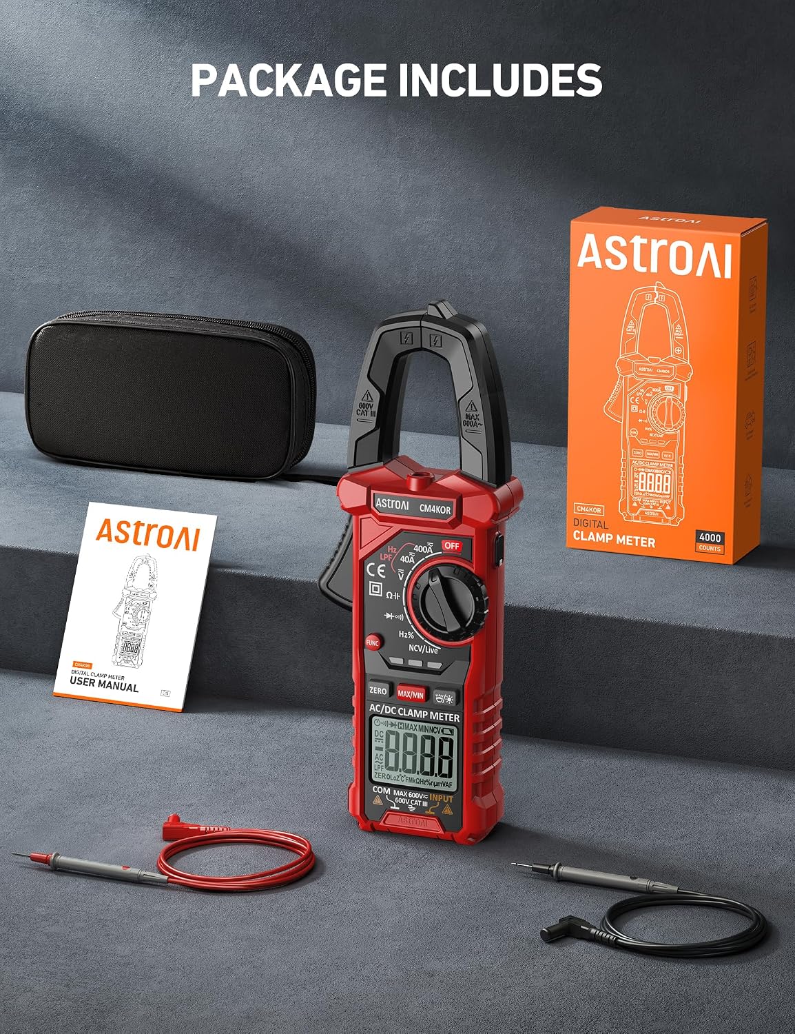 AstroAI Digital Clamp Meter Multimeter 2000 Counts Amp Voltage Tester Auto-ranging with AC/DC Voltage, AC Current, Resistance, Capacitance, Continuity
