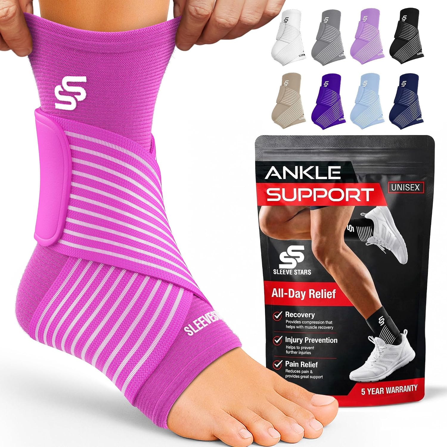 Sleeve Stars Ankle Brace for Women & Men, Ankle Wrap for Sprain, Compression Sleeve for Plantar Fasciitis Relief, Easy Customizable Support: w/ Removable Strap (Single/M:10"-12"/Black)