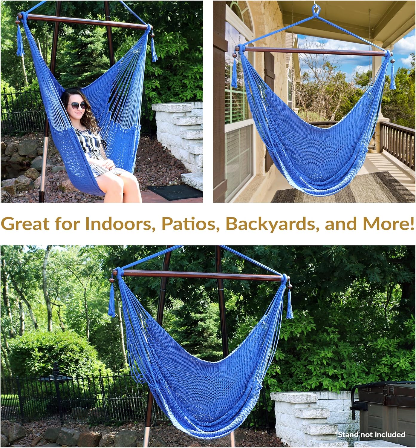 Sunnydaze Hanging Hammock Chair Swing for Patio, Caribbean, Tan | 300 lb Capacity, Wooden Spreader Bar, Woven Polyester, Hang From a Tree, Hammock Chair Stand, or Ceiling, Hammock Swing Chair