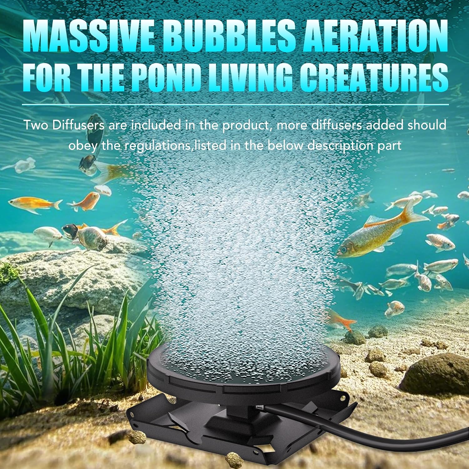 PAS20 Pond & Lake Aeration System for Up to 3 Acre, 3/4 HP Compressor + Two 100' Weighted Tubing + 2 Diffusers