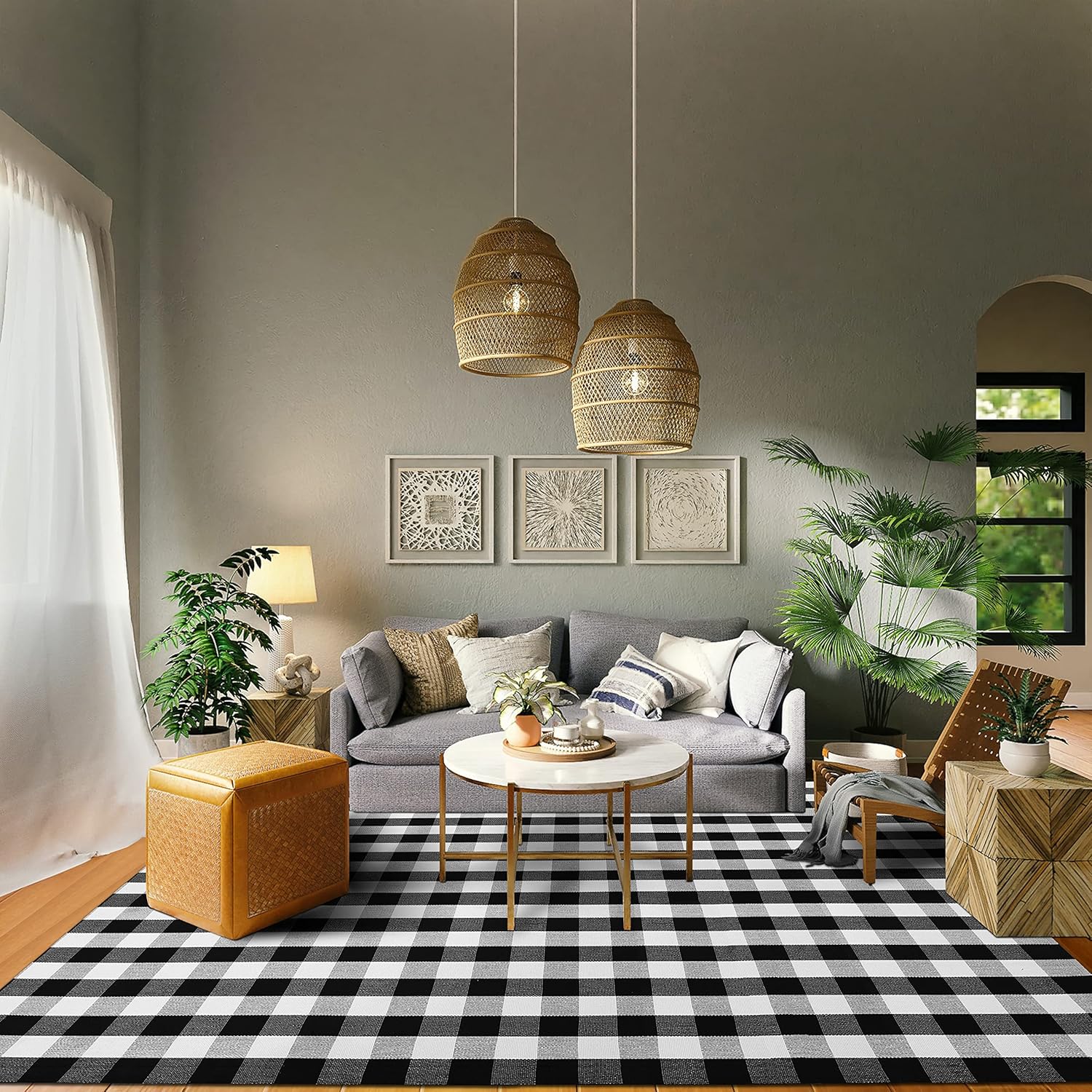 IOHOUZE 27.5x43 Buffalo Plaid Rug, Washable Front Door Mat, Black White