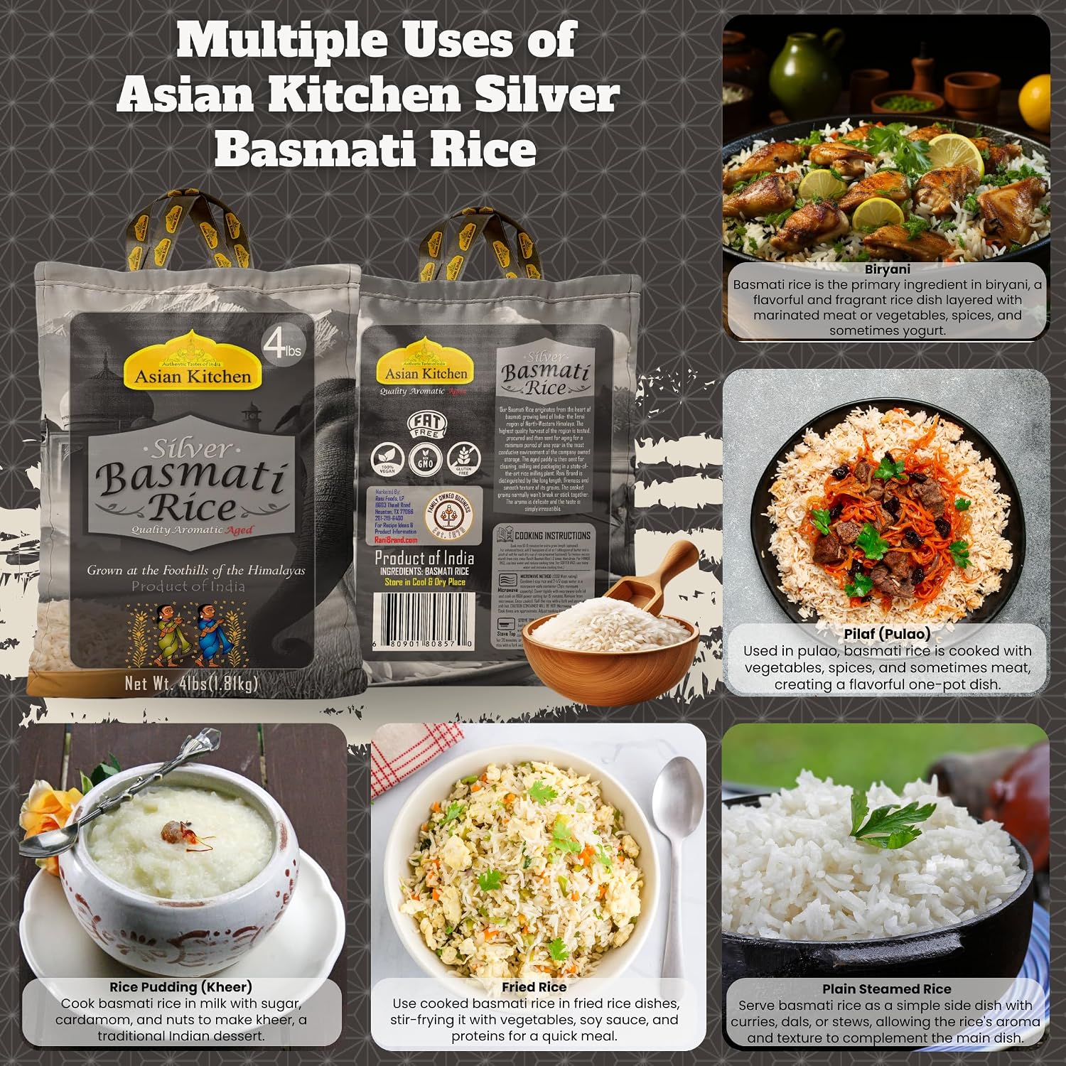 Asian Kitchen Platinum White Basmati Rice Extra Long Aged 20lbs (9.08kg) ~ All Natural | Gluten Friendly | Vegan | Indian Origin | Export Quality