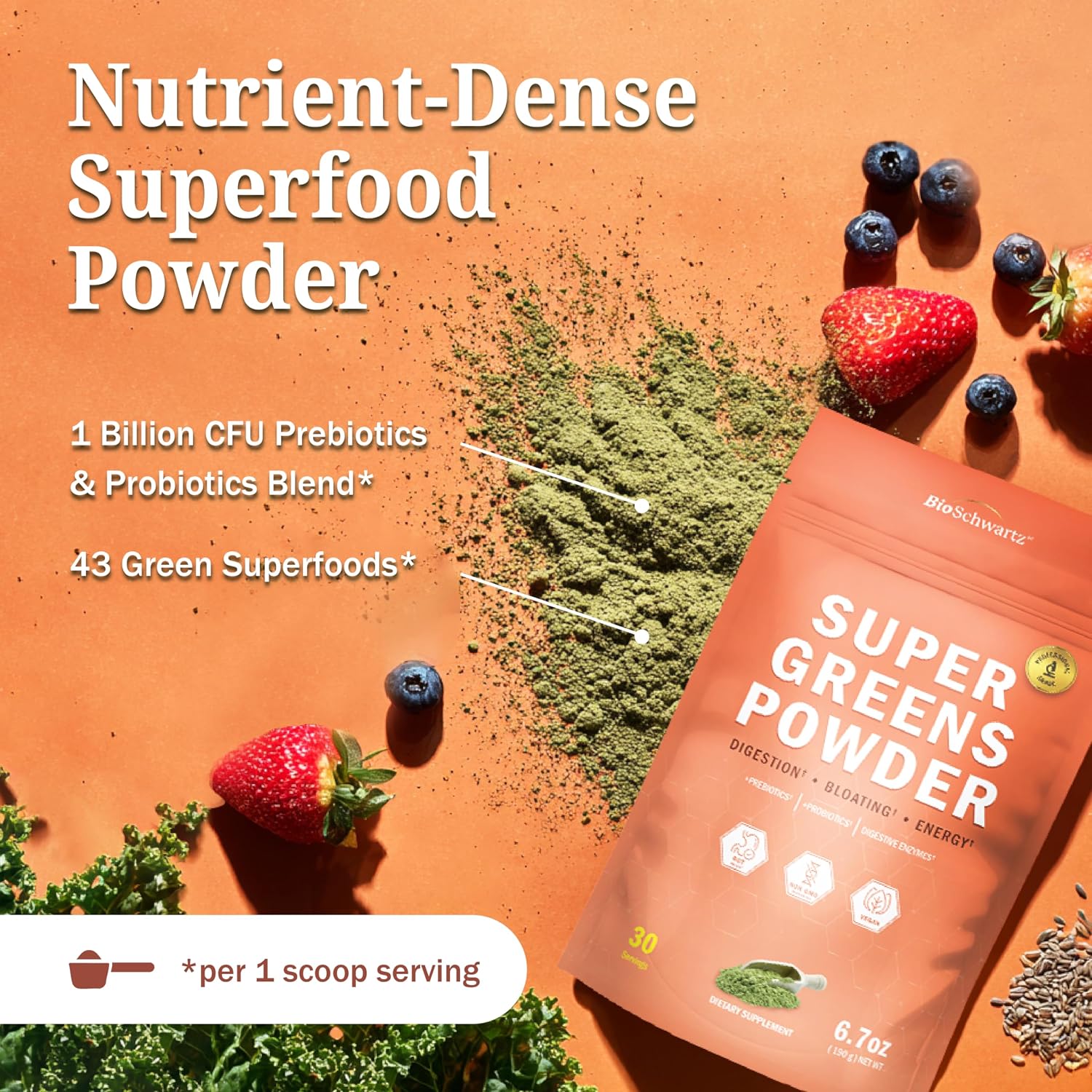 Super Greens Powder with Probiotics, Prebiotics, Digestive Enzymes
