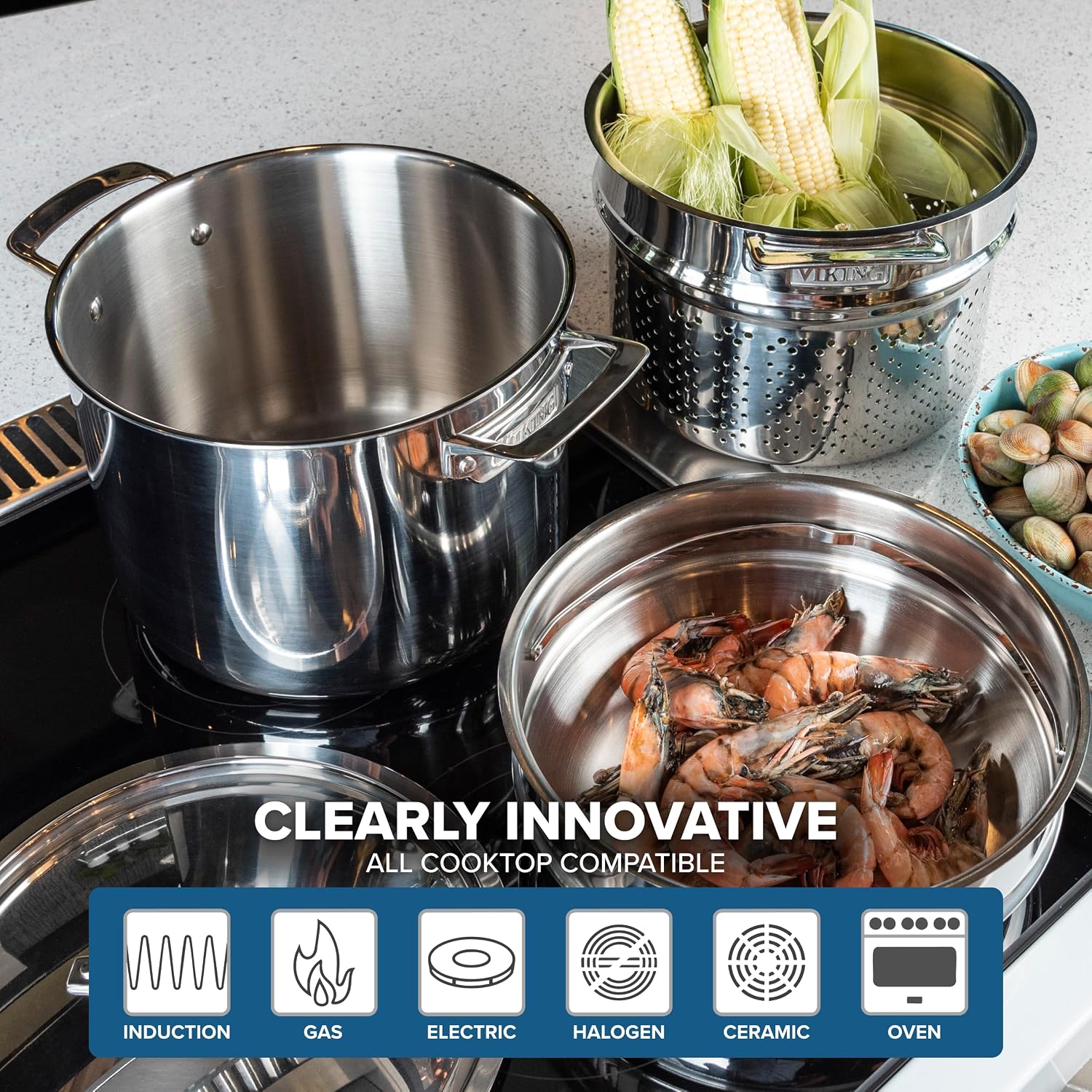 Viking 3-Ply Stainless Steel Pasta Pot with Lid, 8 Quart, 4 Piece Multipot Kitchen Cookware, Includes Pasta Insert and Steamer Basket