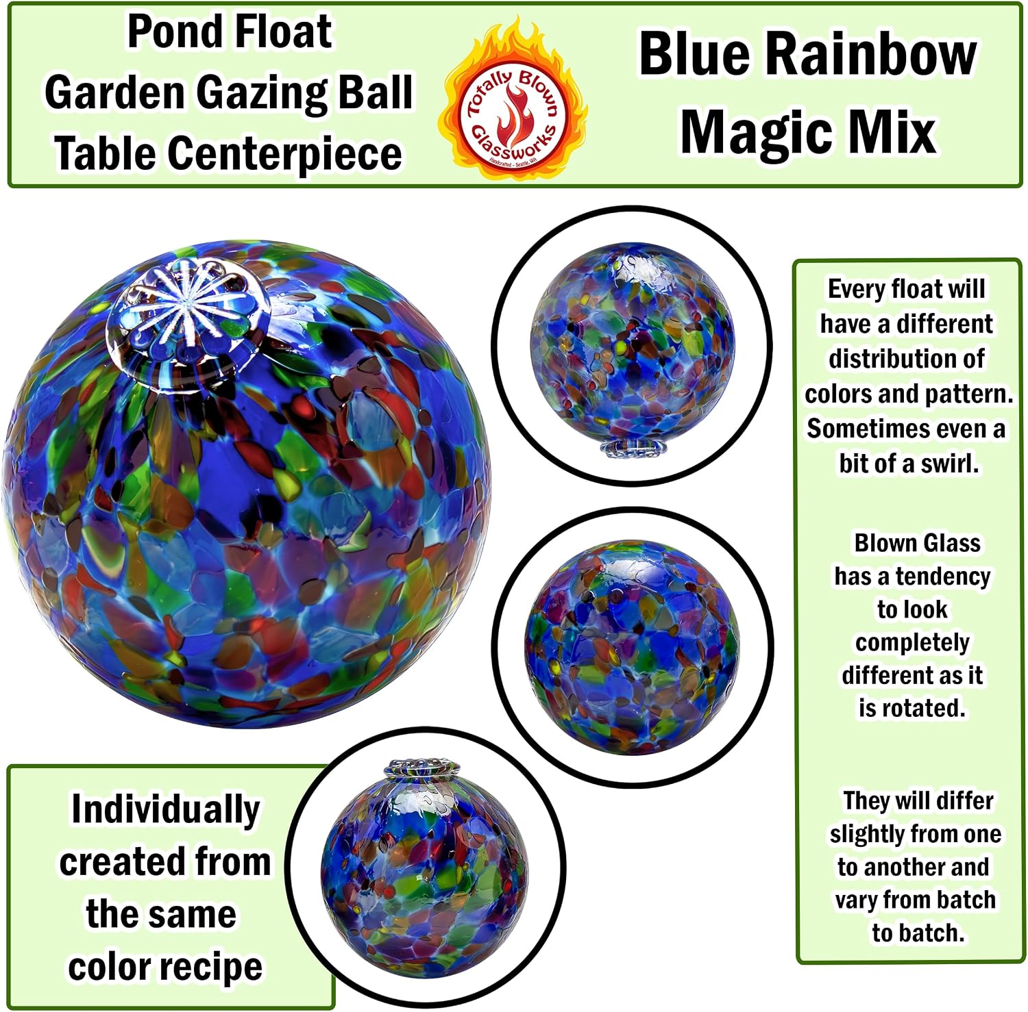 Totally Blown Glassworks Pond Float. Handmade Blown Glass, Garden Gazing Ball, Table Centerpiece
