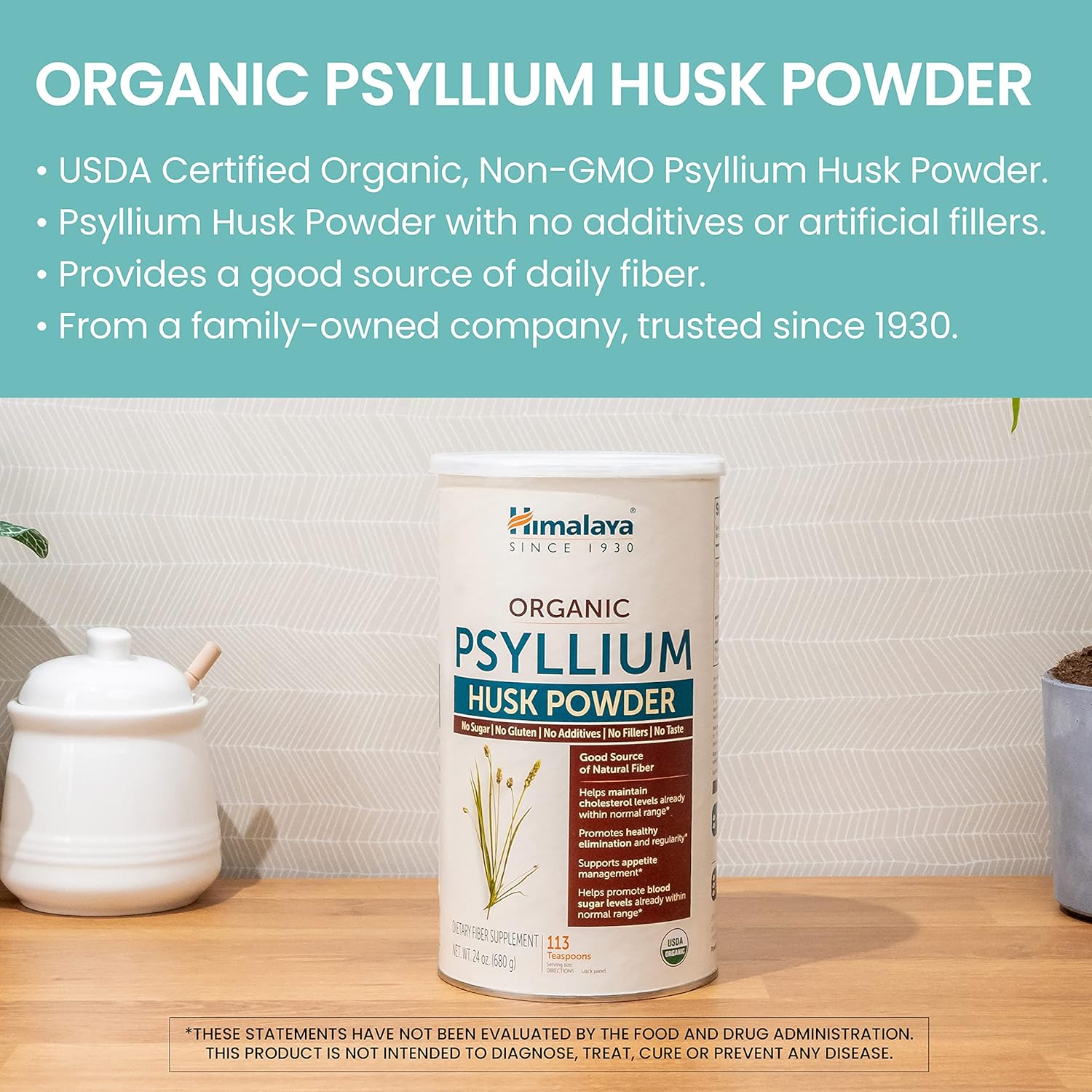 Himalaya USDA Organic Psyllium Whole Husk Powder, Natural Daily Fiber Supplement, Regularity, Appetite Management, Non-GMO, 56-Tablespoon Supply, Unflavored, 12 Oz