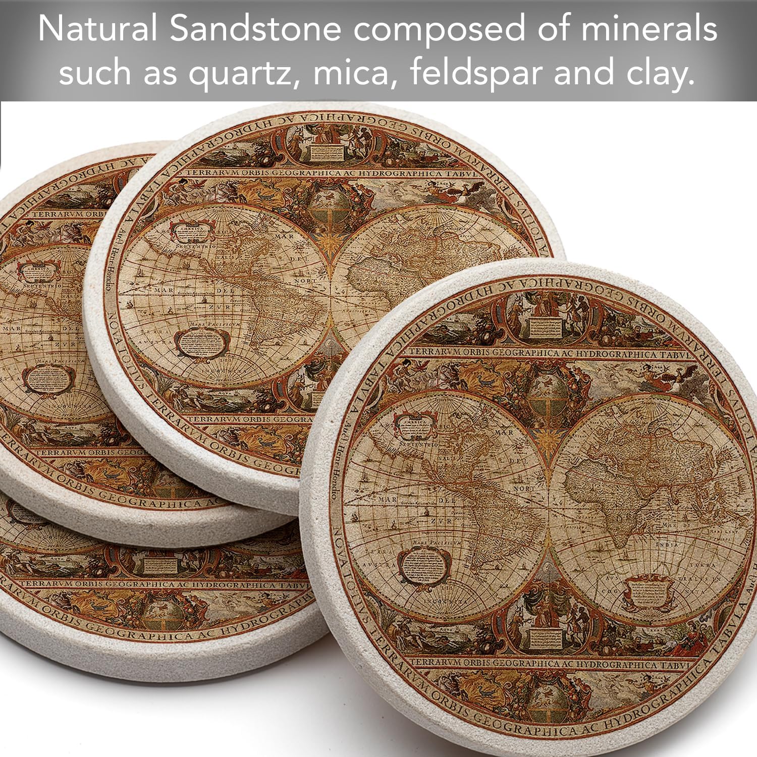Thirstystone Old World Passages Round Natural Sandstone Coaster 4 Pack | 4" Diameter, Manufactured in the USA, Protective Cork Backing