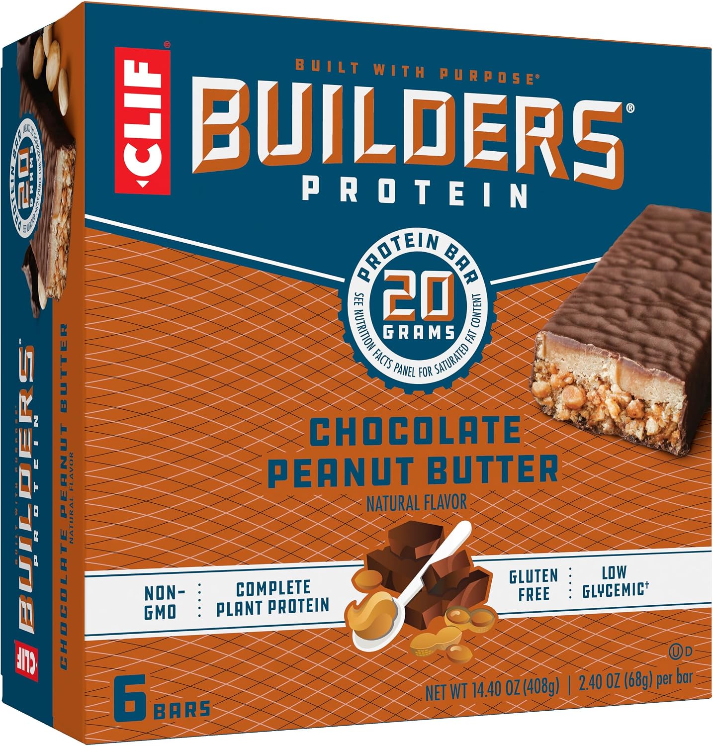 CLIF BUILDERS Protein Bars - Chocolate Peanut Butter Flavor - 20g Plant Based Protein - Gluten Free - Non-GMO - Low Glycemic - No Artificial