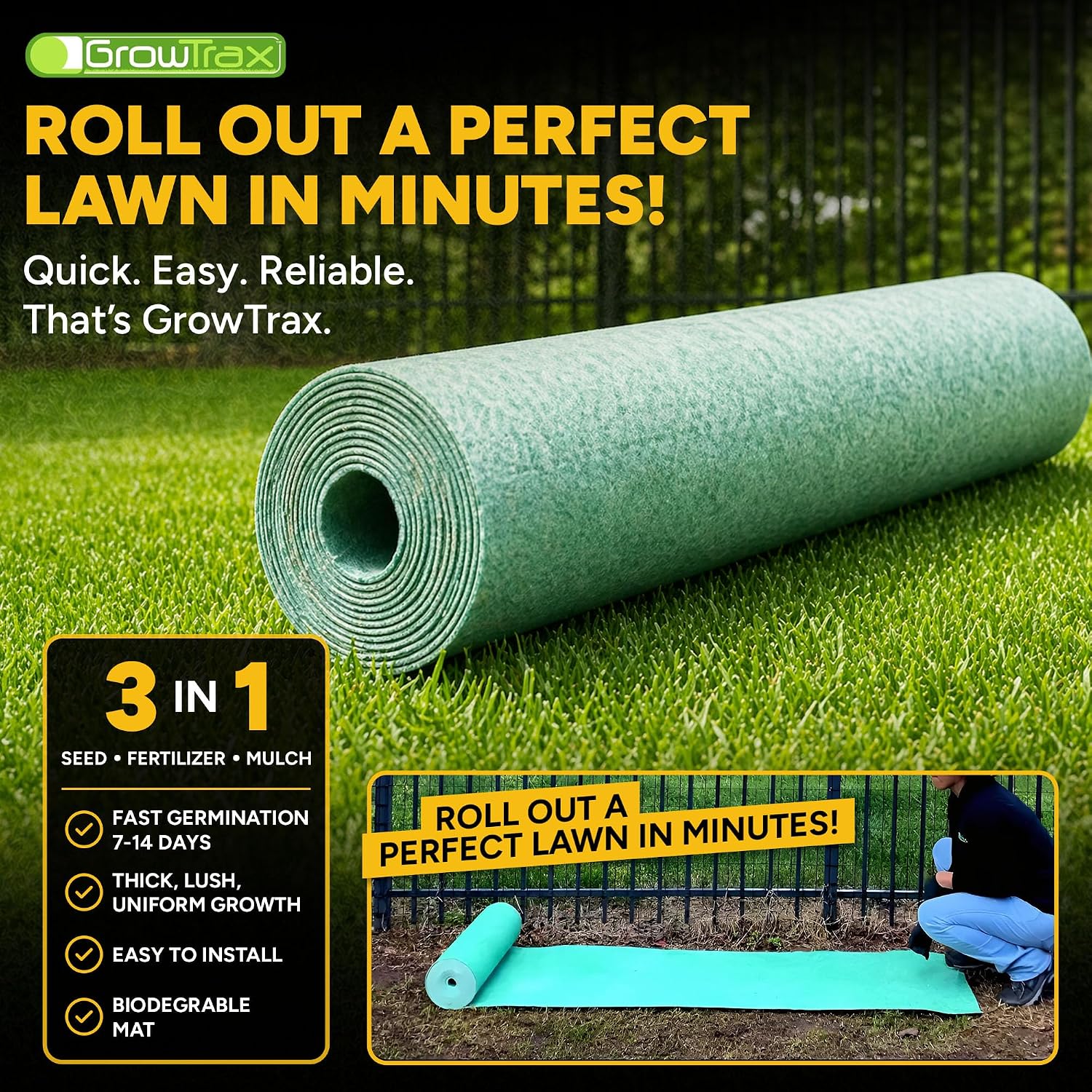 Growtrax Biodegradable Grass Seed Mat - 50 Sq Ft Bermuda Rye | Grass Seed and Fertilizer for Lawns, Dog Patches & Shade, Just Water and Grow
