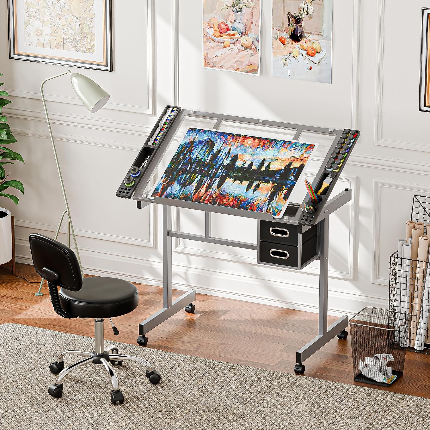 ZENY Drafting Table on Wheels with Storage Drawers, Adjustable Glass Tabletop, Craft Table Drawing Desk Artist Hobby Table for Painting, Drawing