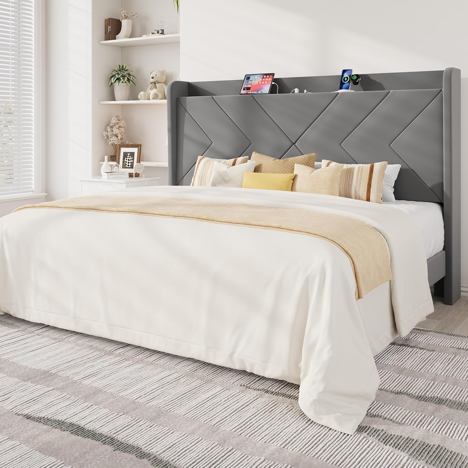 Allewie Full Size Platform Bed Frame with Charging Station and Storage Shelf/Upholstered Velvet Wingback Headboard/Wooden Slats Support/No Box Spring Needed/Easy Assembly, White