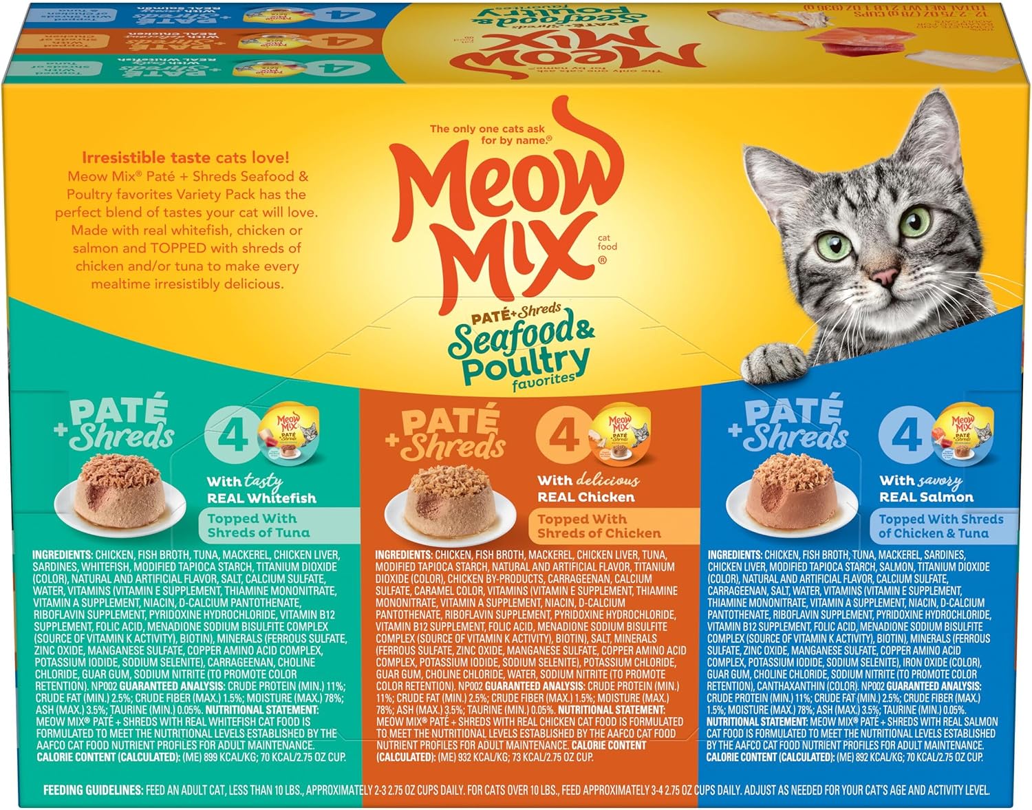 Meow Mix Paté & Shreds Wet Cat Food Variety Pack, Seafood & Poultry Favorites, 2.75 Ounce Cup (Pack of 12)