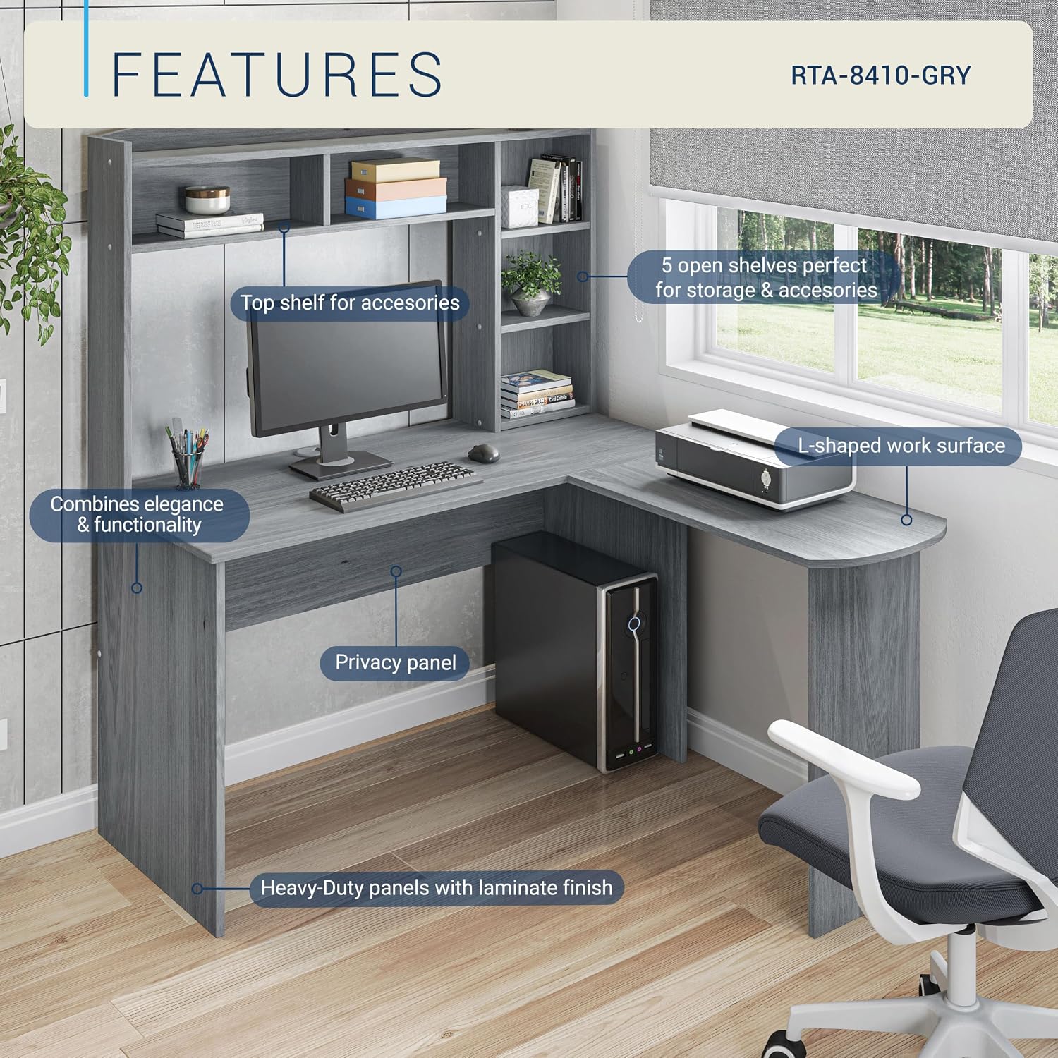 Techni Mobili Modern L-Shaped Desk with Hutch, Grey