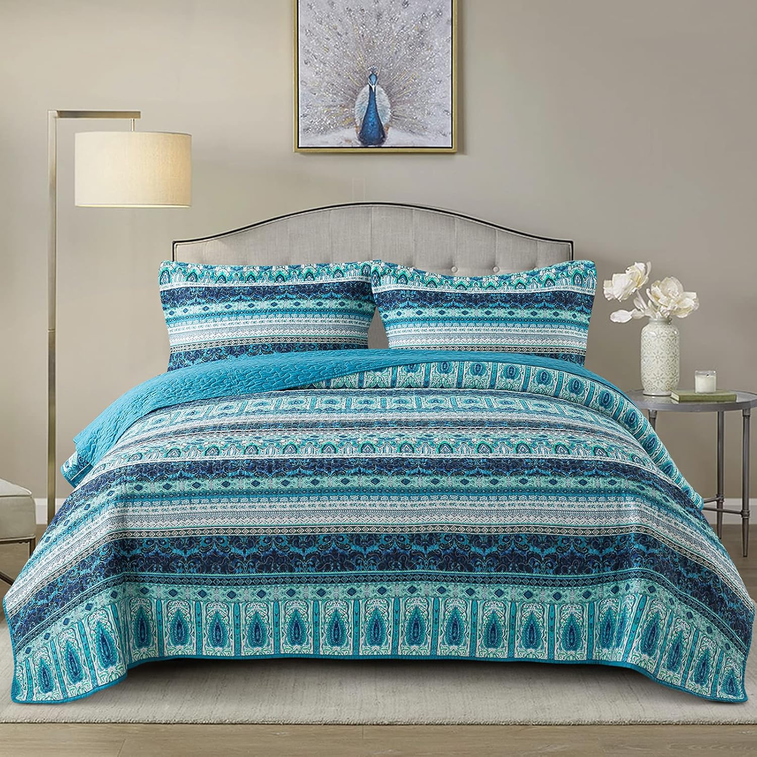 Striped Jacquard Style Cotton 3-Piece Patchwork Bedspread Quilt Sets, Queen Size