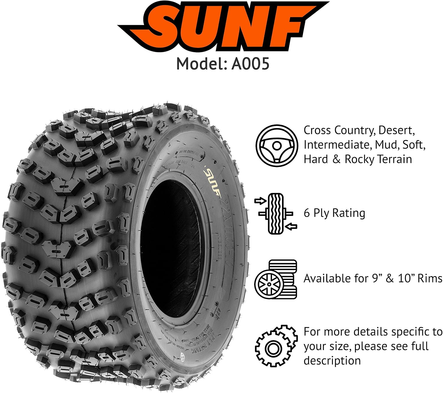 SunF 22x11-10 ATV UTV Tire 22x11x10 Dimple Knobby 6 PR A005 - PAIR of 2