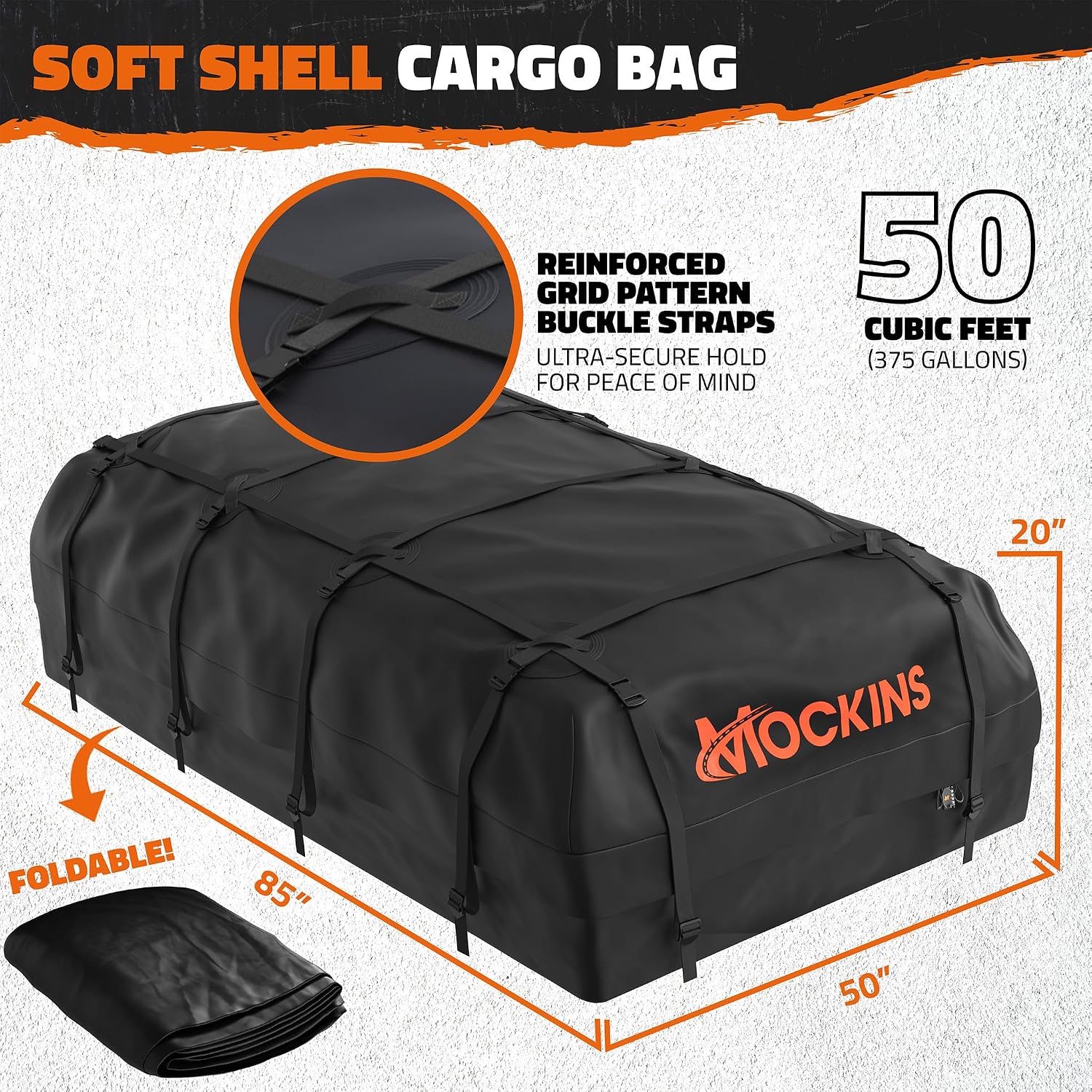 Mockins 90"x50"x5" XXL Heavy Duty Roof Rack Cargo Carrier w/ 250 Lbs. Cap | With 50 Cu Ft Waterproof Soft Vinyl Rooftop Cargo Bag | Roof Basket for