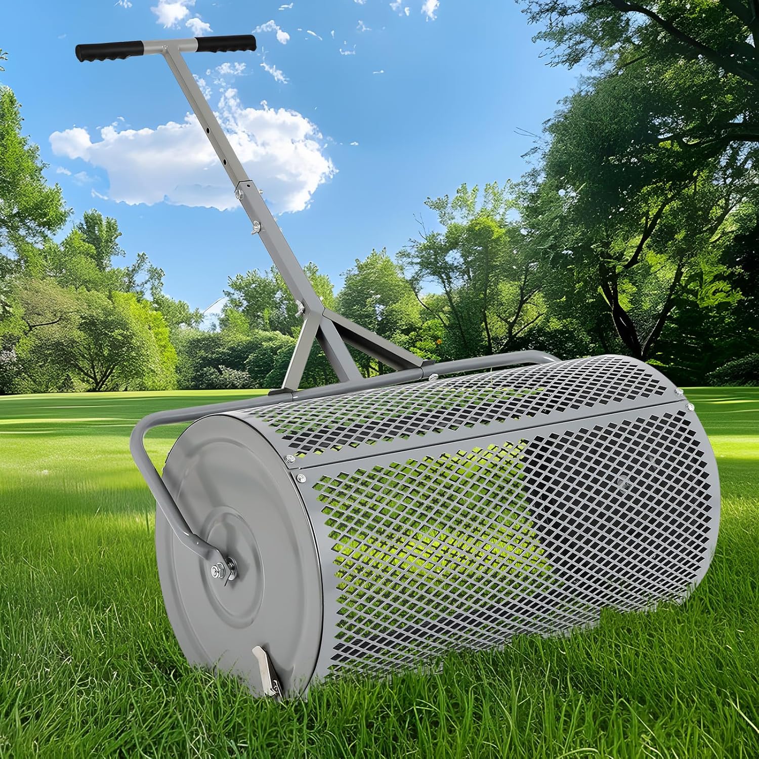 FAHKNS Compost Spreader for Lawn and Garden, 27 inch Metal Roller Spreader with Adjustable Handle, Heavy-Duty Fertilizer Spreader for Yard Work, Gray