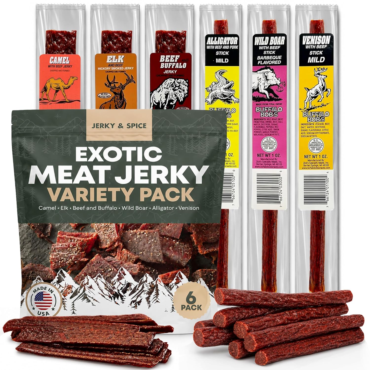 Buffalo Bob's Exotic Meat Random Flavors - Beef Jerky Variety, 6-Pack | Sampler Set, Gift Basket for Men, Hunting & Camping Adventure, Stocking Stuffers, High Protein Snack, Gluten-Free Diet