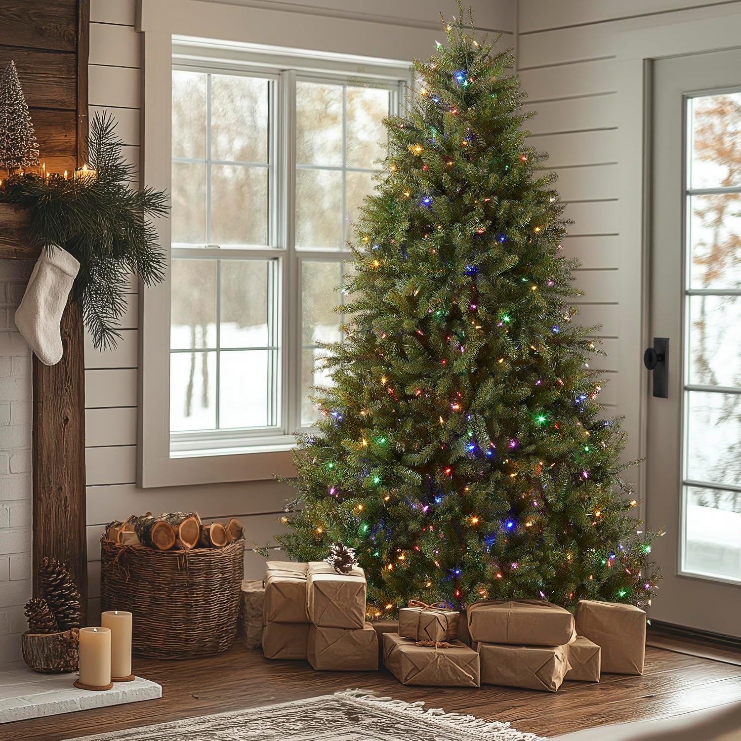 National Tree Company 7.5ft Pre-Lit Dunhill Fir Artificial Christmas Tree | 700 LED Lights, 10 Light Functions, 2,514 Tips, Foot Pedal, Includes Stand, Green