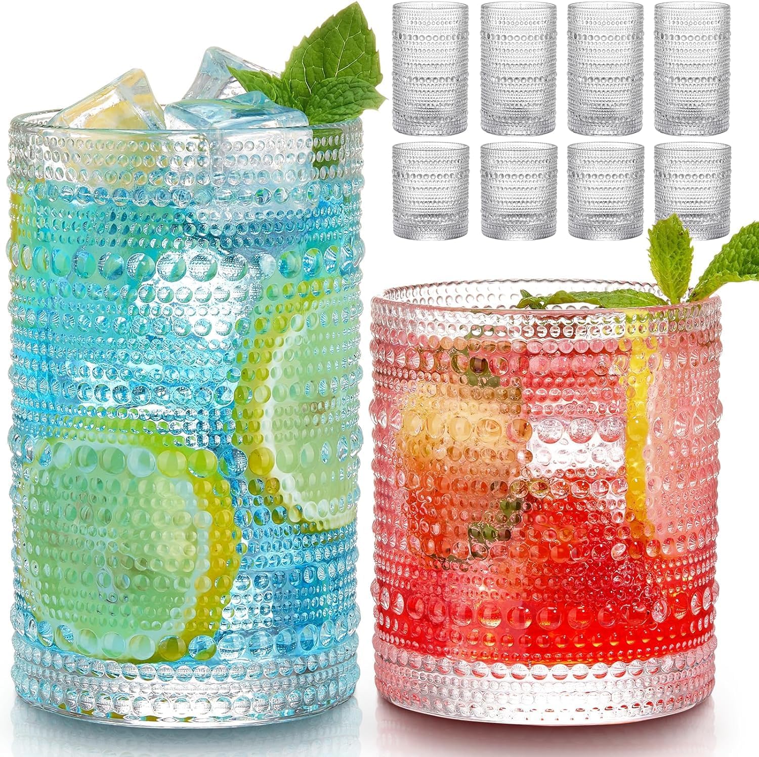 Hlukana Vintage Hobnail Drinking Glasses Set of 8, 12 oz Highball Glasses & 10 oz Cocktail Glasses Set, Kitchen Water Glasses Cup