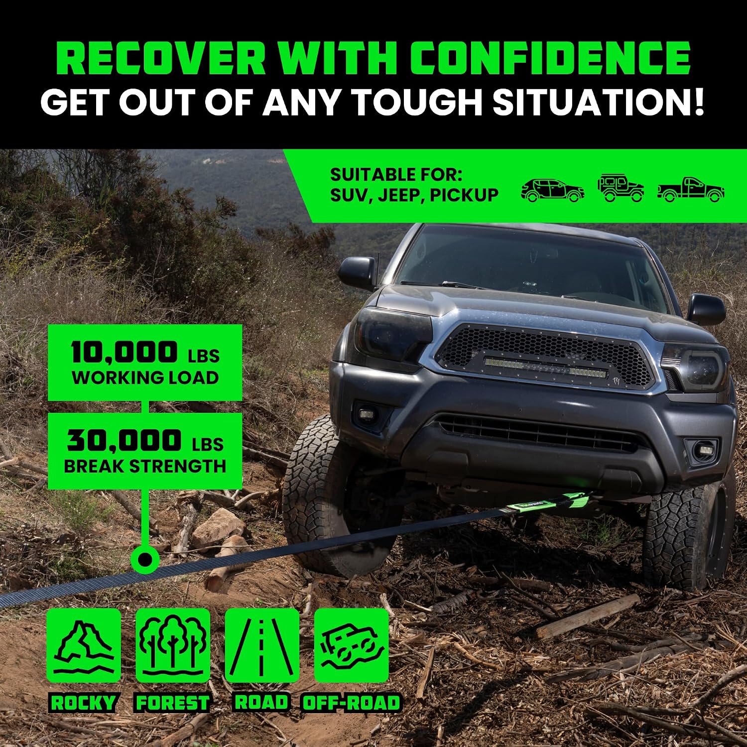 Rhino USA Recovery Tow Strap (3in x 30ft) - 31,518lb Heavy Duty Towing | 31,518lb Break Strength Emergency Tow Strap, Extended 30ft Length. For Truck, UTV, ATV & Jeep Offroad Recovery. Black