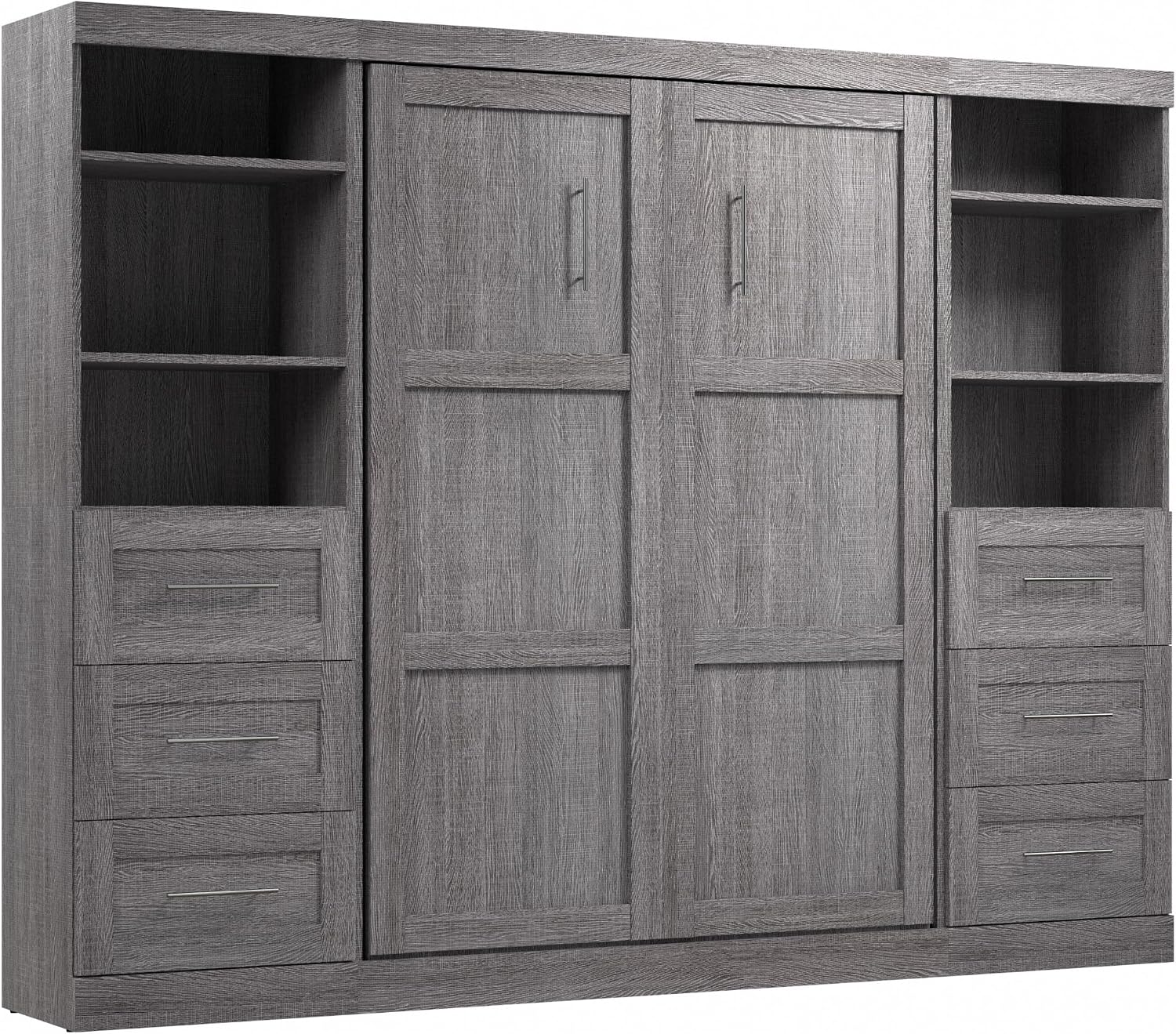 Bestar Pur Full Murphy Bed and 2 Shelving Units with Drawers, 109-inch Space-Saving Sleeping Arrangement in White | 2 Shelving Units with Drawers; supports up to 1000 lb; min. ceiling height 86.4 in.; dual piston mechanism; 10-year warranty