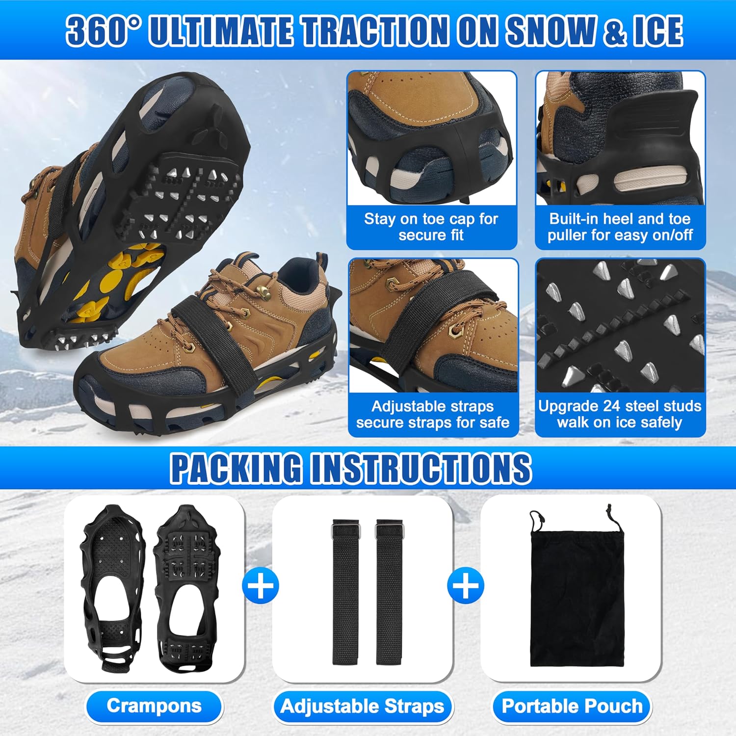 Ice Cleats for Shoes and Boots,Crampons Snow Traction Cleats for Walking on Snow and Ice,Non-Slip Shoe Grippers Slip-on Overshoe Stretch Footwear for Winter Walking Hiking Fishing