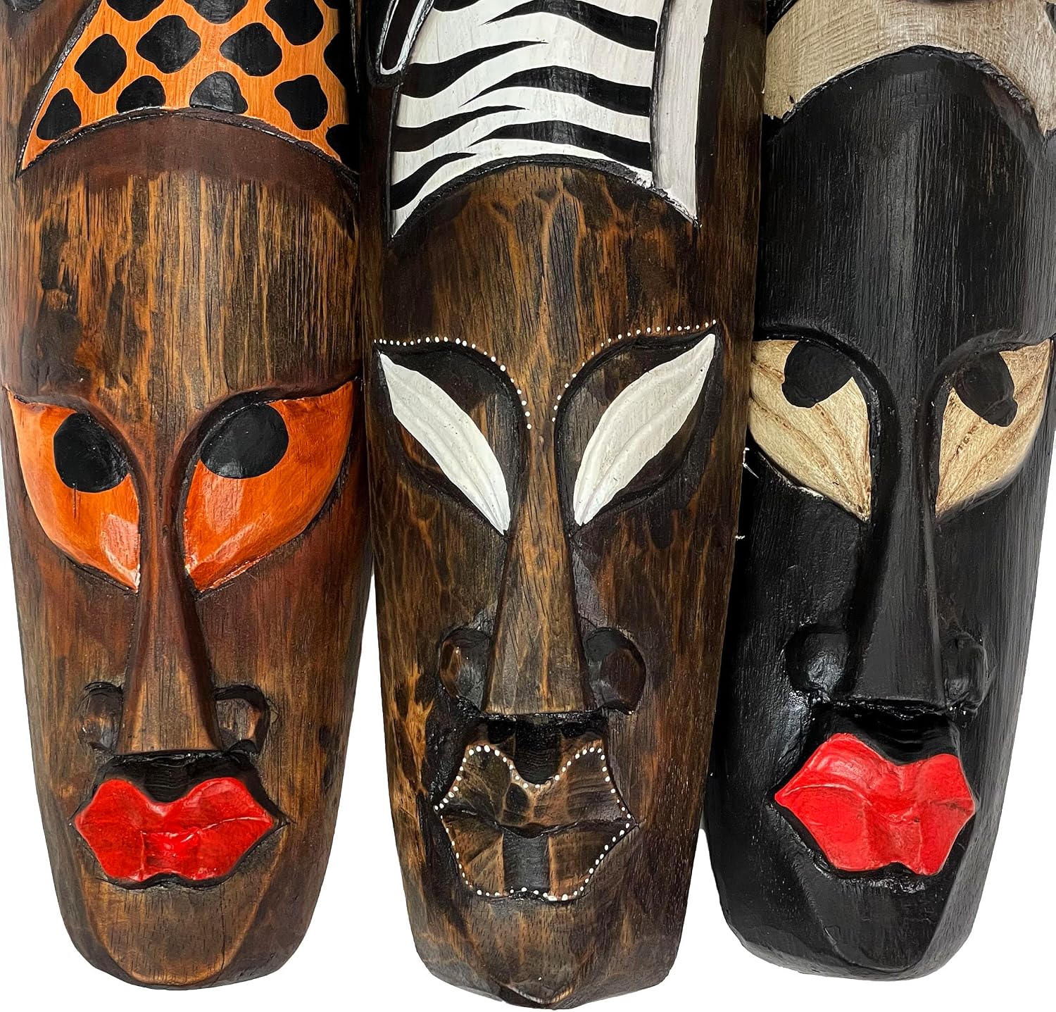 Set Of 3 African Wildlife Wooden Wall Masks | 19 In. Tall by 5 In. Wide, 2 In. Deep, Hand-Painted, Handcarved by Artisans, Fair Trade Item