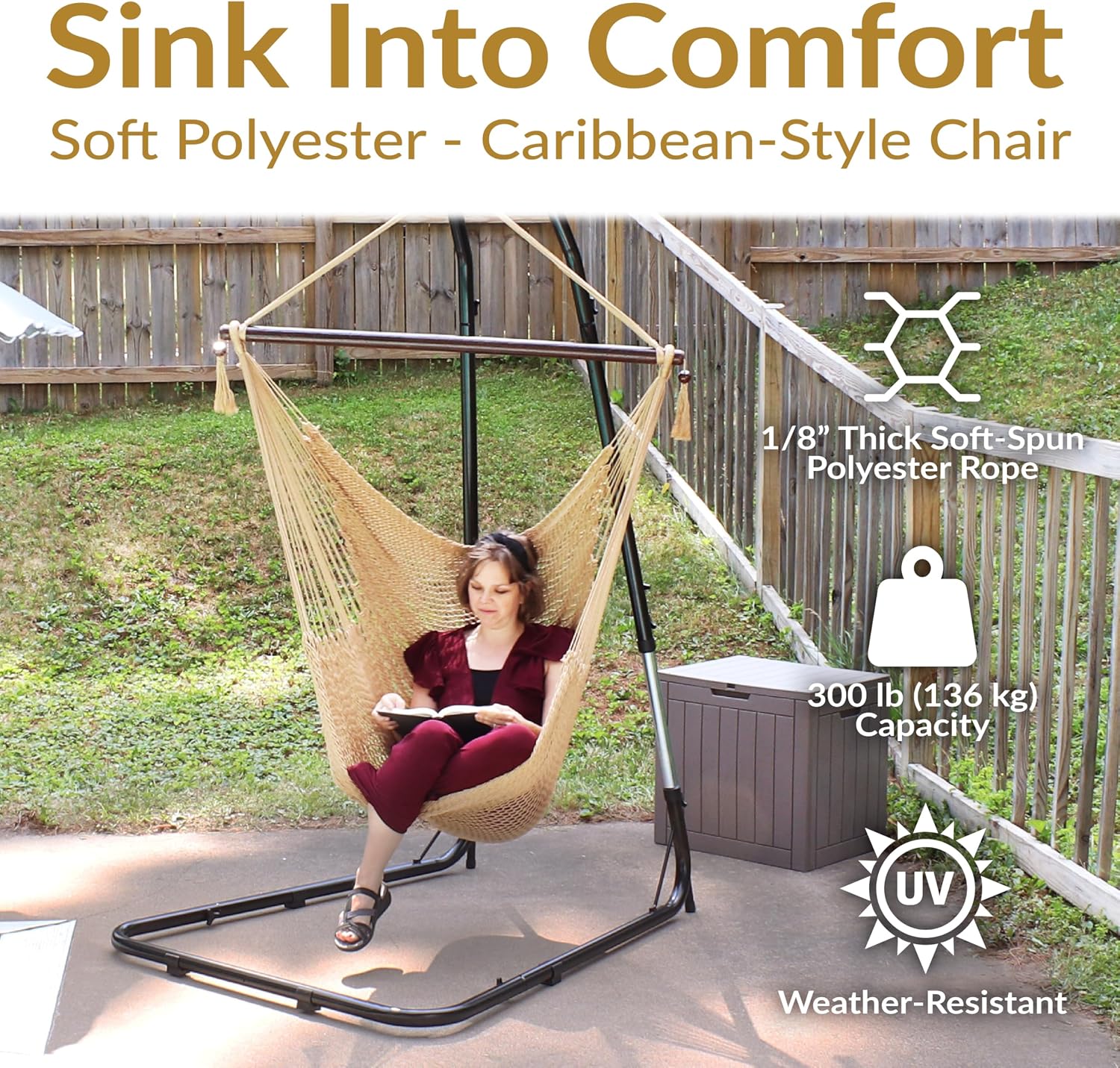 Sunnydaze Hanging Hammock Chair Swing for Patio, Caribbean, Tan | 300 lb Capacity, Wooden Spreader Bar, Woven Polyester, Hang From a Tree, Hammock Chair Stand, or Ceiling, Hammock Swing Chair