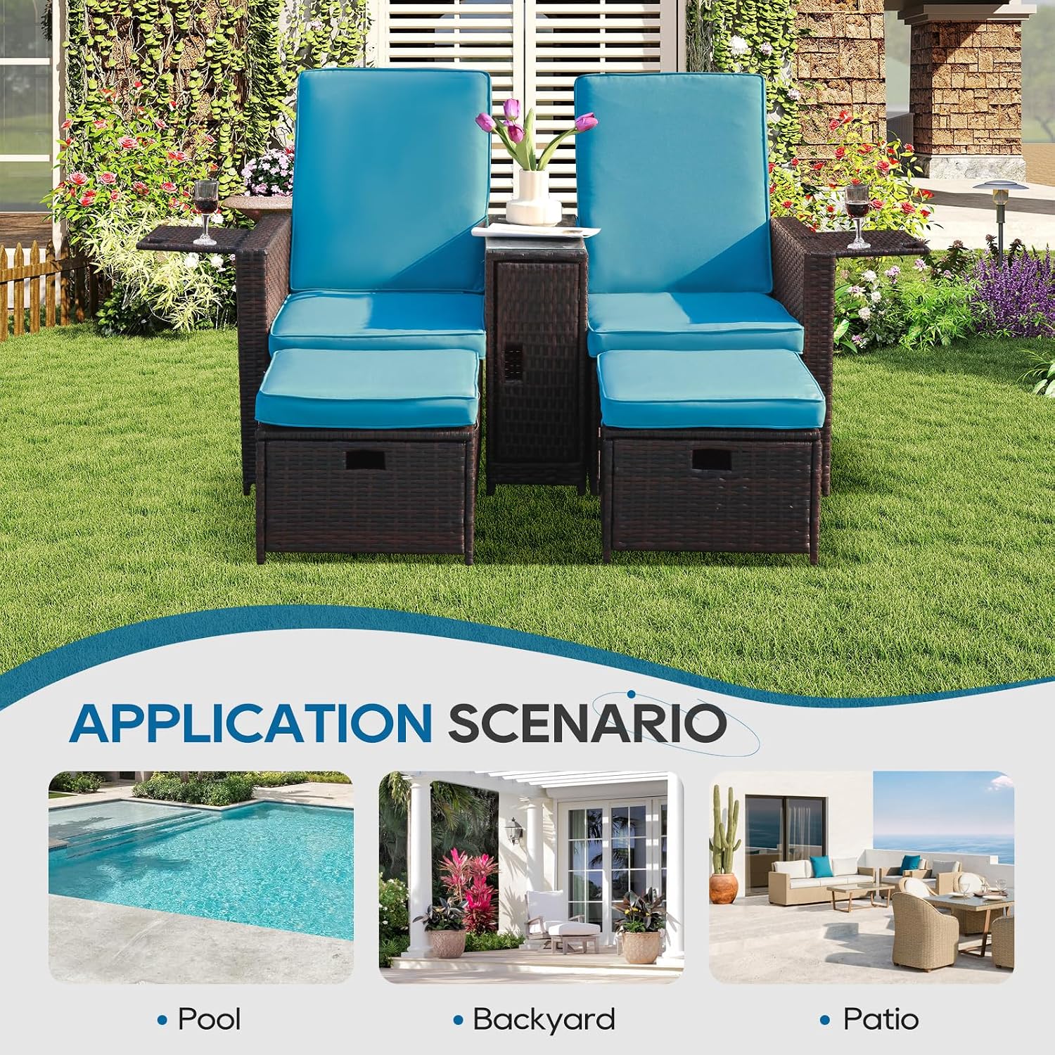 5PCS Outdoor Wicker Chaise Lounge Chair - Rattan Adjustable Reclining Patio Lounge Chair with Ottoman and Coffee Table