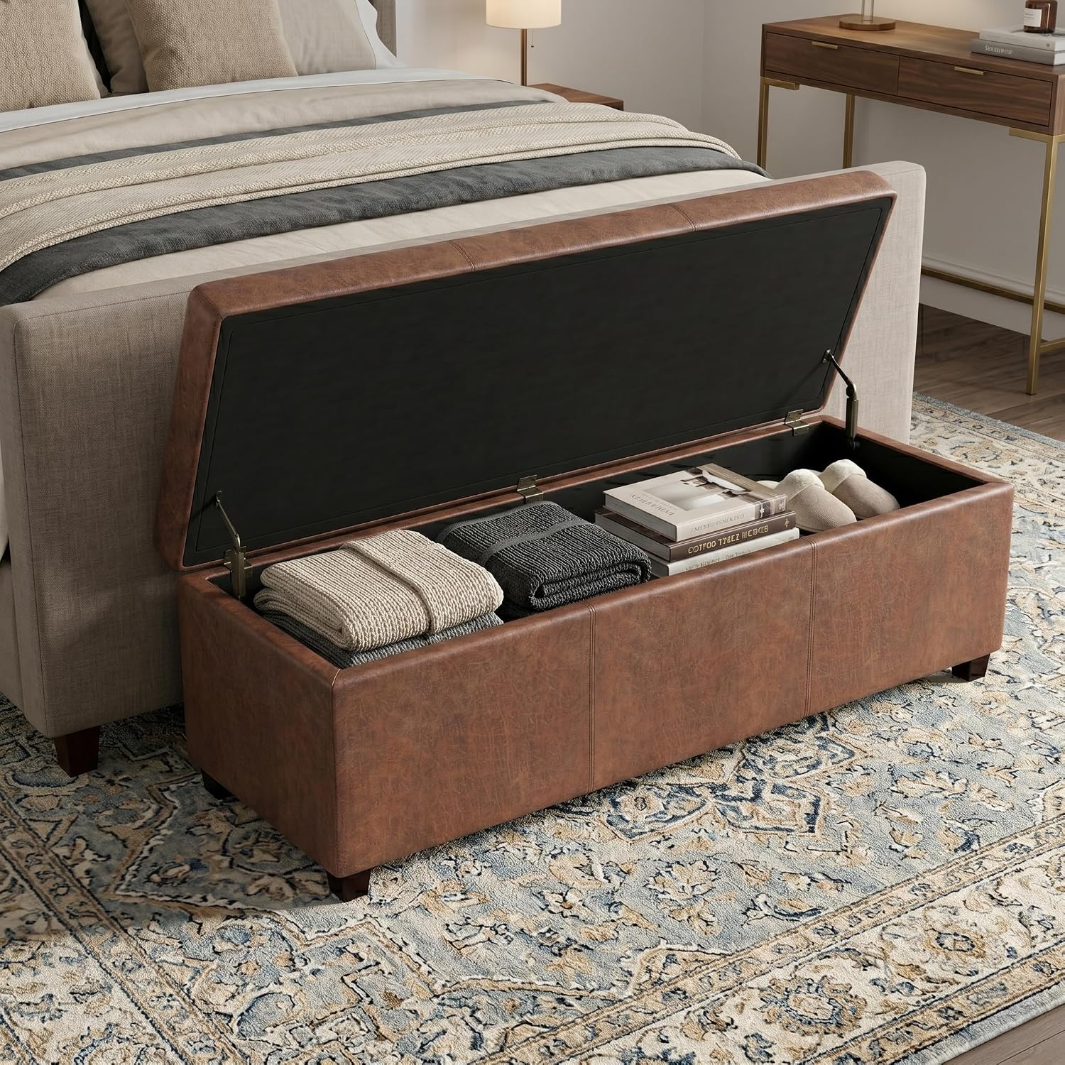 SIMPLIHOME Avalon 54" Wide Vegan Leather Storage Ottoman in Tanners Brown