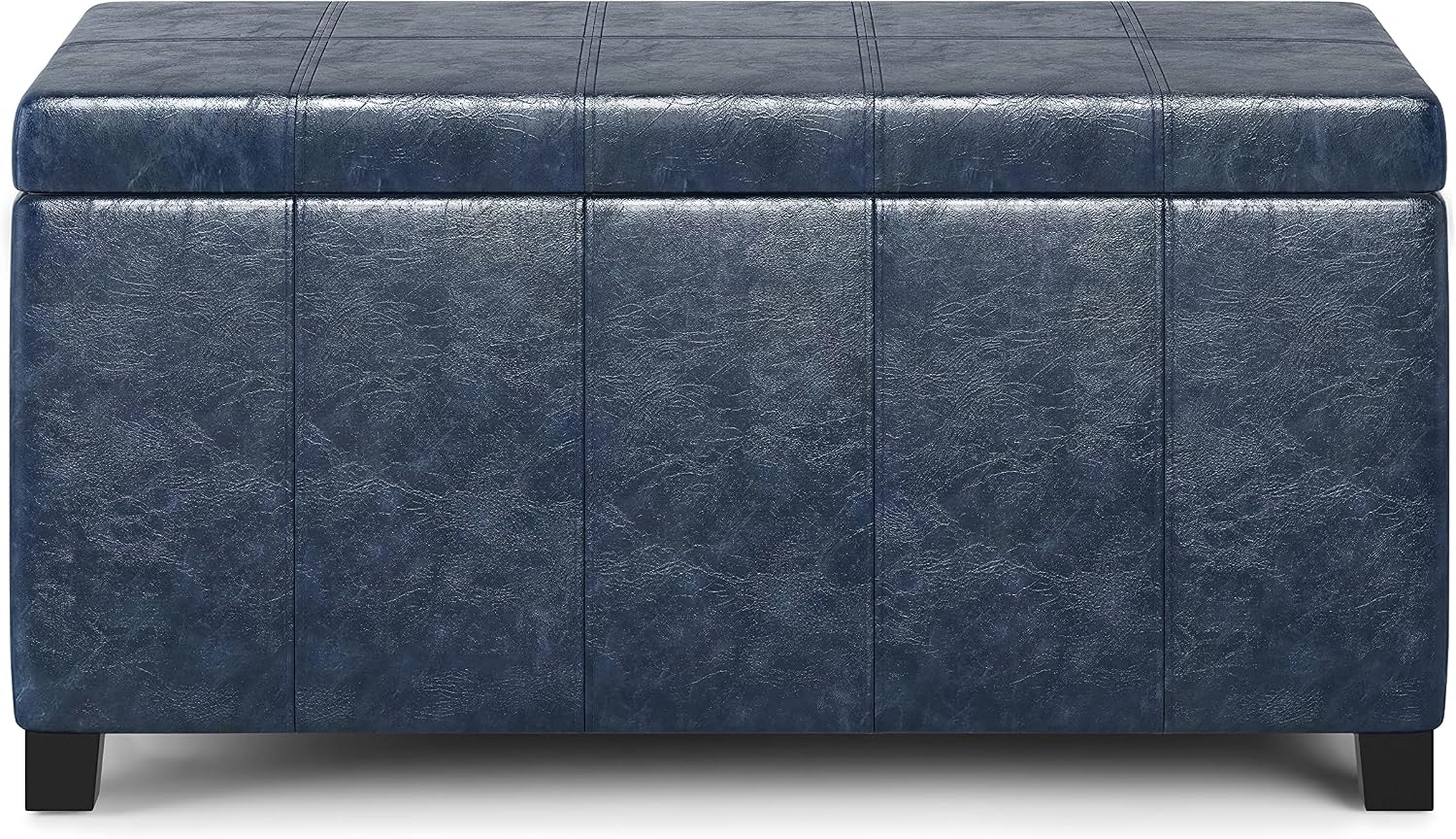 SIMPLIHOME Dover 36" Wide Vegan Leather Storage Ottoman in Midnight Black | Distressed umber brown, contemporary ottoman with lift-top and safety hinges; rectangle storage bench for living room.