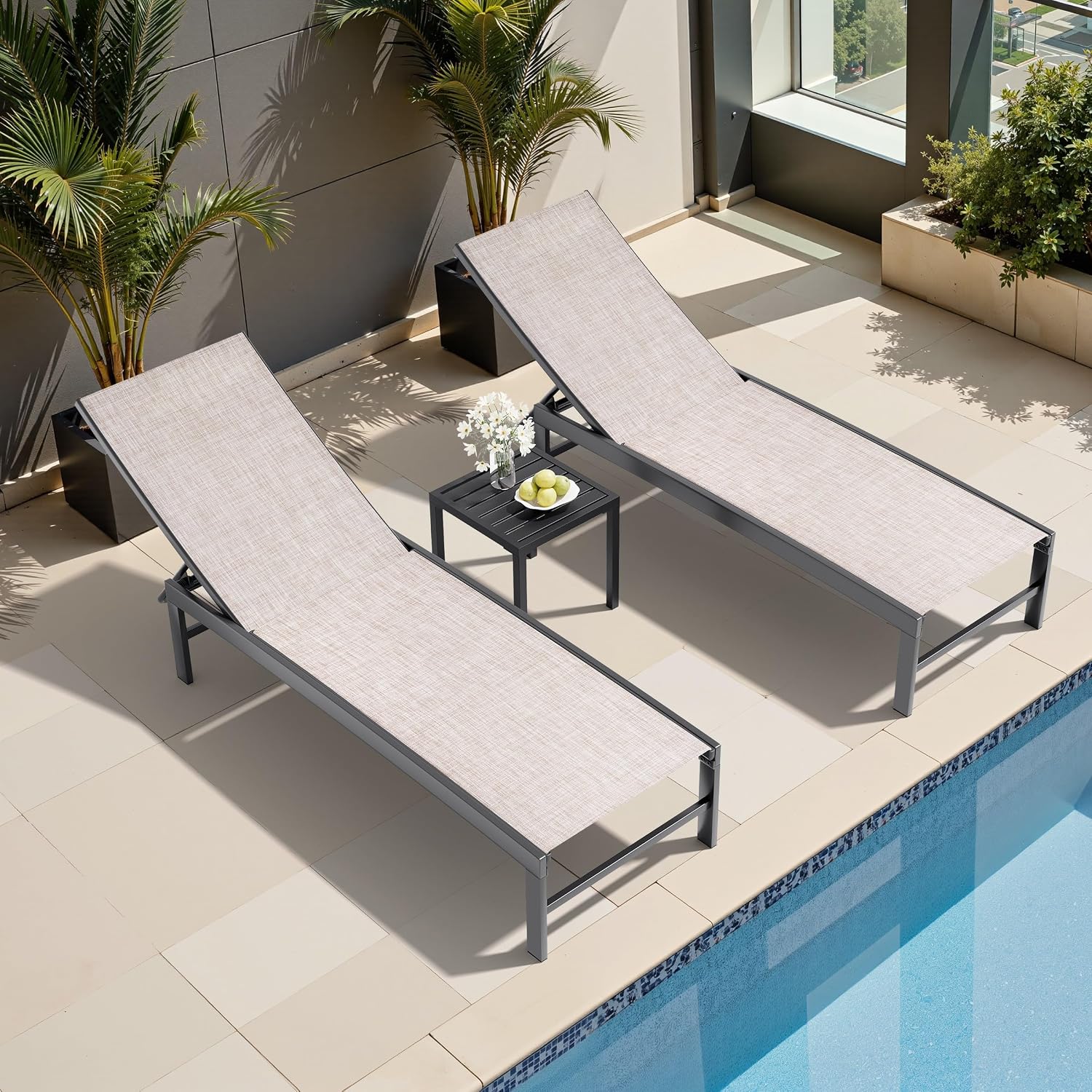 Crestlive Products Outdoor Pool Lounge Chairs Set of 2 with Side Table, Adjustable Five-Position Recliner for Beach, Pool, Sunbathing, Lawn
