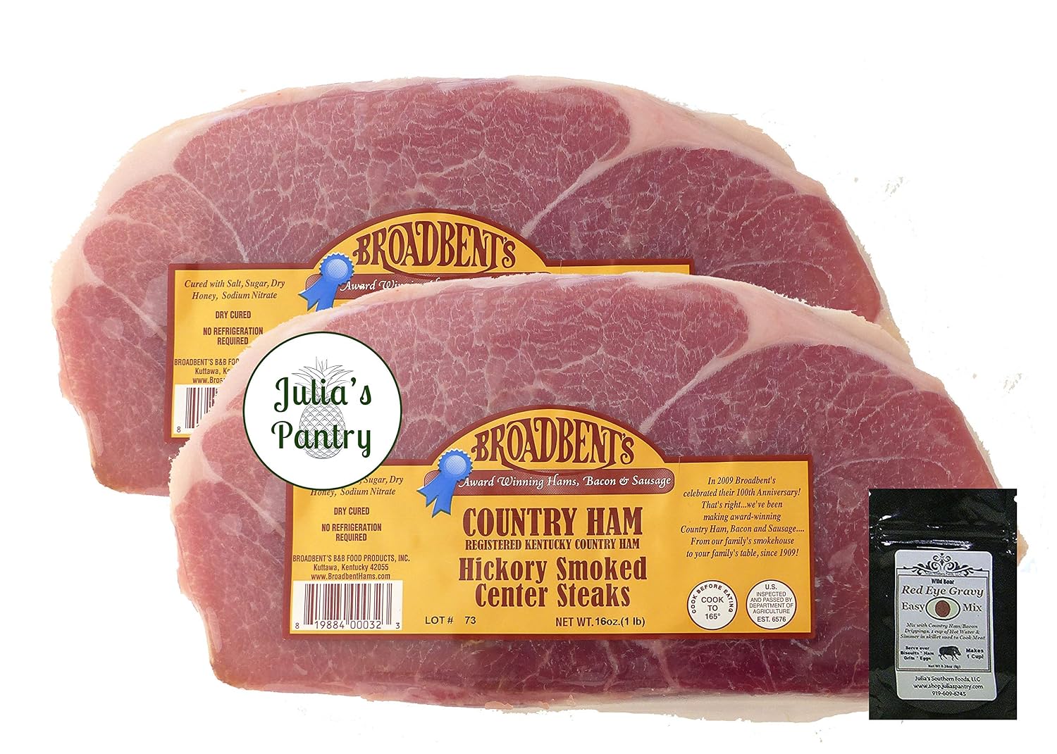 Julia's Pantry Premium Cured Country Ham Hickory Smoked Center Steaks 3 - 1# Packages with Red Eye Gravy Sample