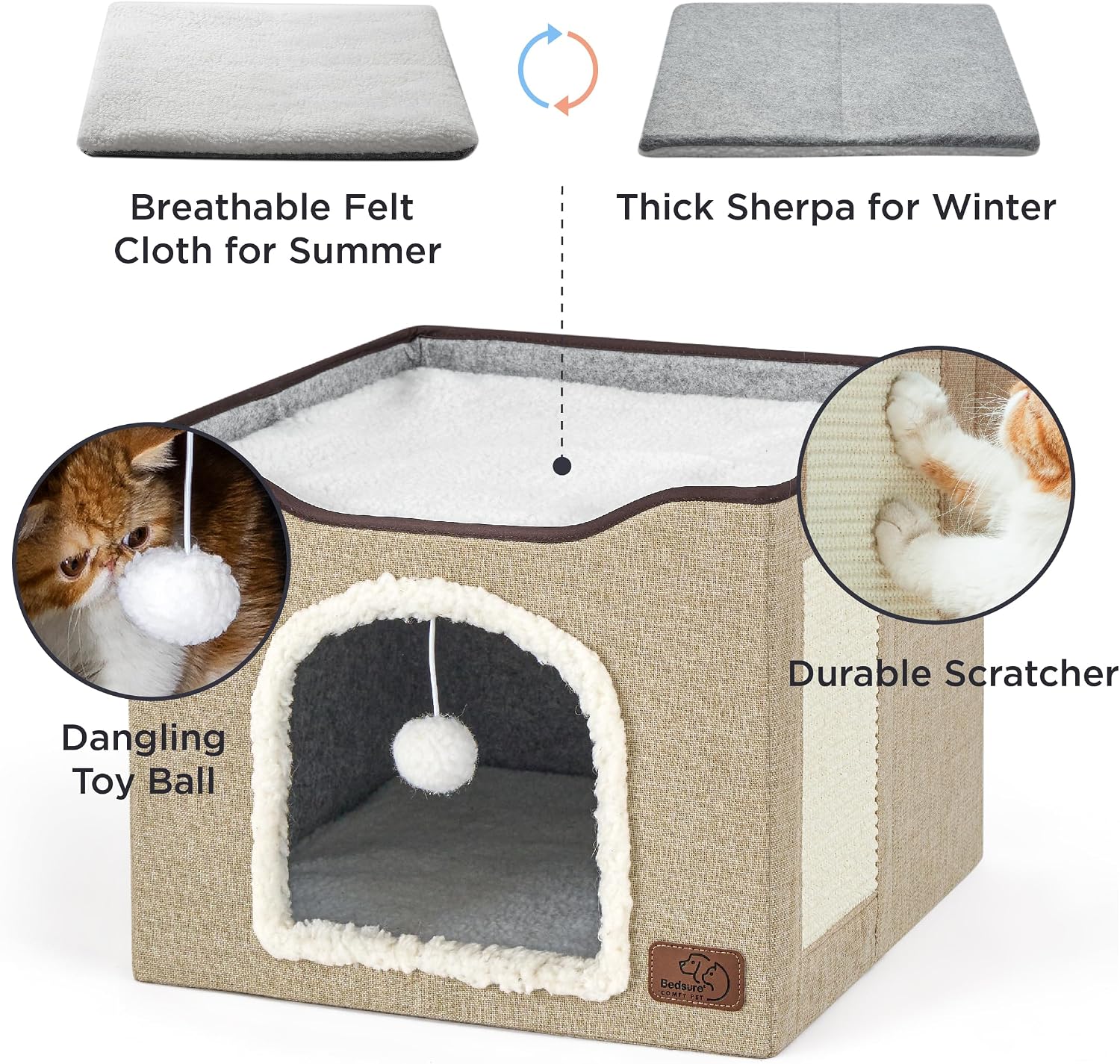 Bedsure Cat House Bed for Indoor Cats with Fluffy Ball and Scratch Pad,Grey