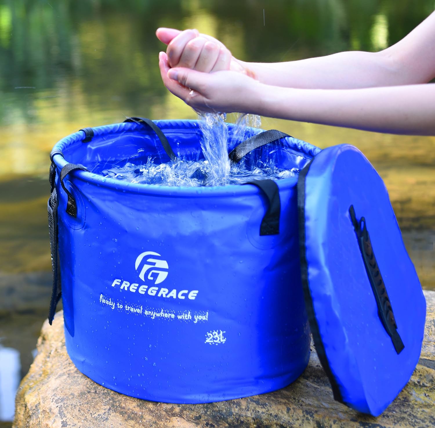 Freegrace Collapsible Bucket with Mesh Tool Pocket - 10L, 16L & 23L Portable Folding Water Container - Heavy Duty 500D Tarpaulin, BPA-Free Wash Basin for Camping, Fishing, RV, and Car Washing