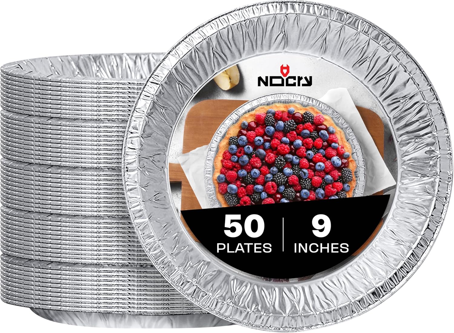 NoCry Premium Disposable Pie Pans 9 Inch (50 Pack) — Foil Aluminum Tins with Curl Lip for Baking Delicious Tarts or Crispy Pastry Crusts —