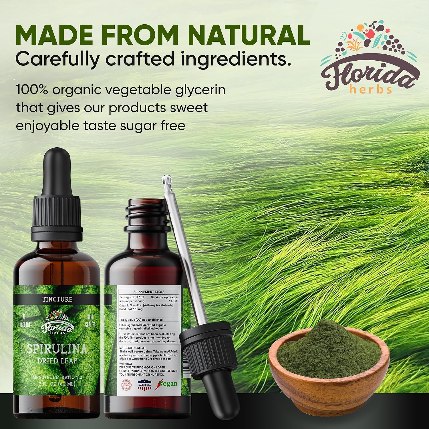 Spirulina Tincture, Organic Spirulina Extract (Arthrospira Platensis) Herbal Supplement, Non-GMO in Cold-Pressed Organic Vegetable Glycerin, 700 mg