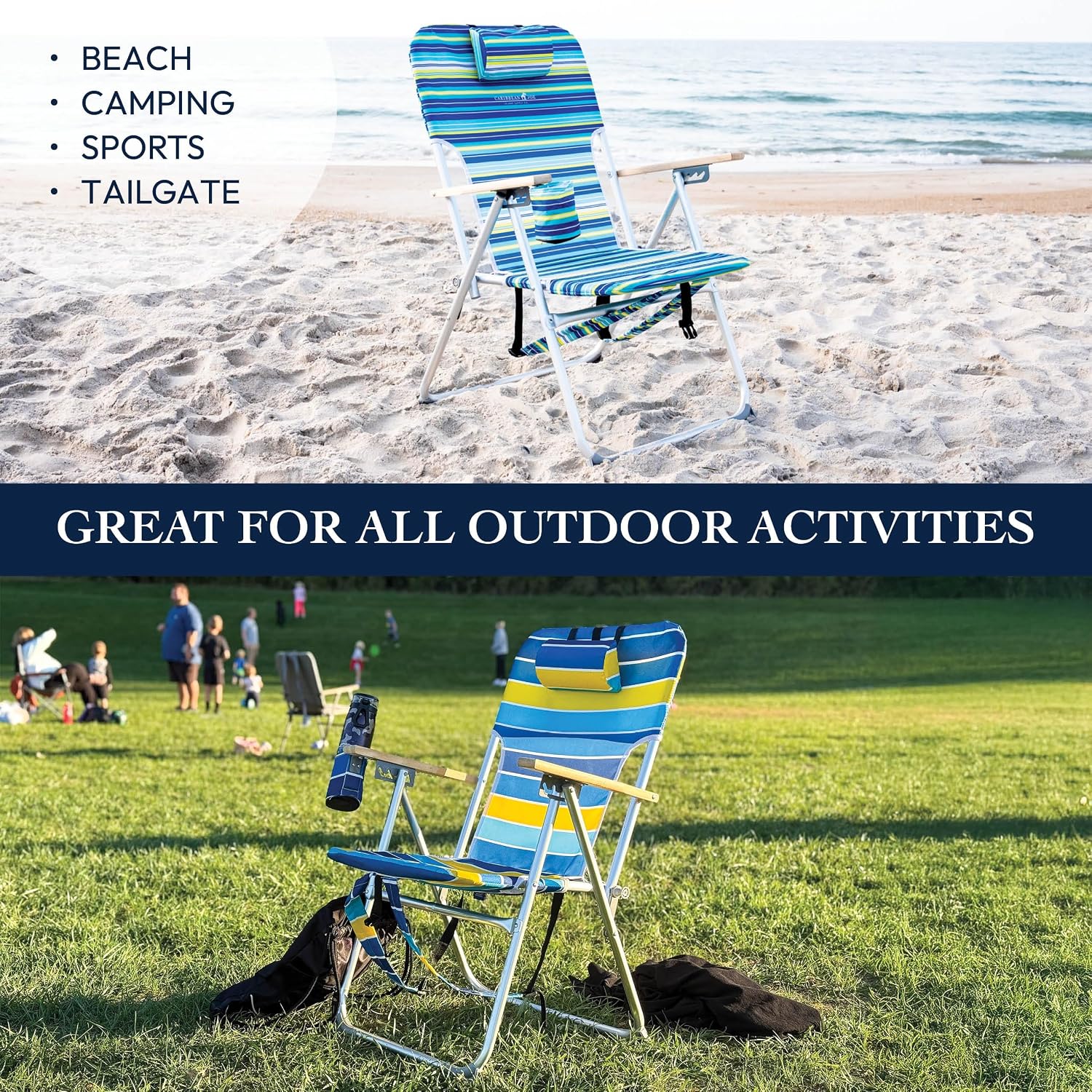 CARIBBEAN JOE Folding Beach Chair, 4 Position Portable Backpack Foldable Camping Chair with Headrest, Cup Holder, and Wooden Armrests