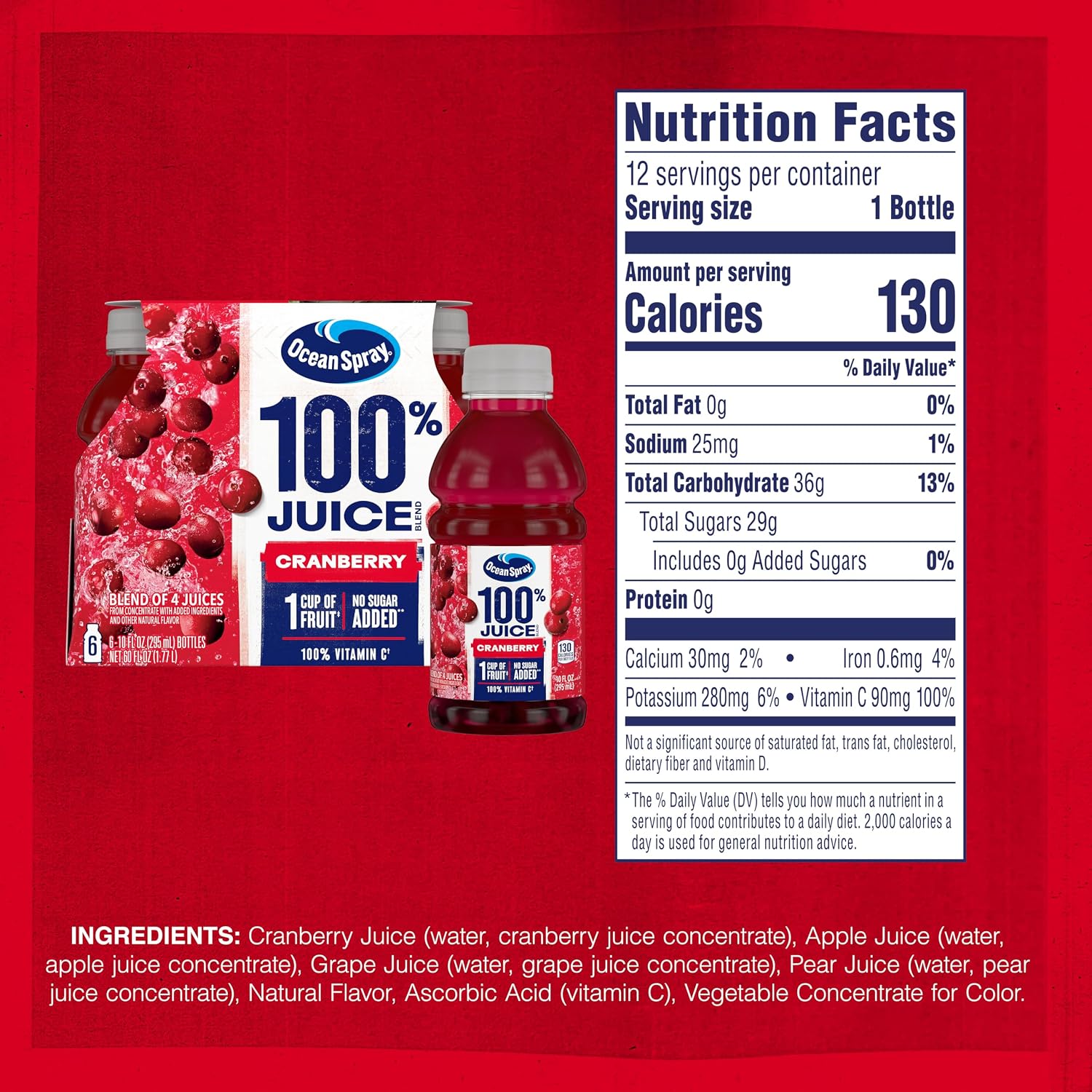 Ocean Spray 100% Juice, Cranberry Juice, 10 Ounce Bottle (Pack of 6)