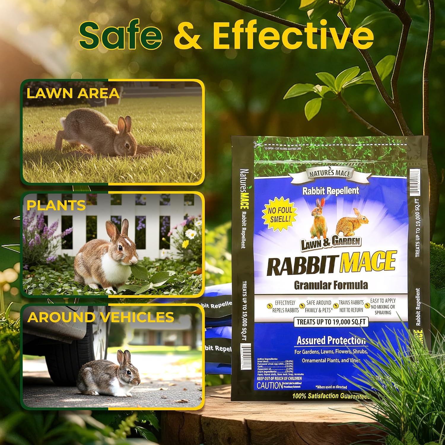 Nature's MACE Rabbit Mace Rabbit Repellent 3 lb Granules | Gardens, Lawns, Farms & Landscapes, Treats 1,350 sq ft, Granular Deterrent, All-Season Use, Safe for Pets, Children, Plants.