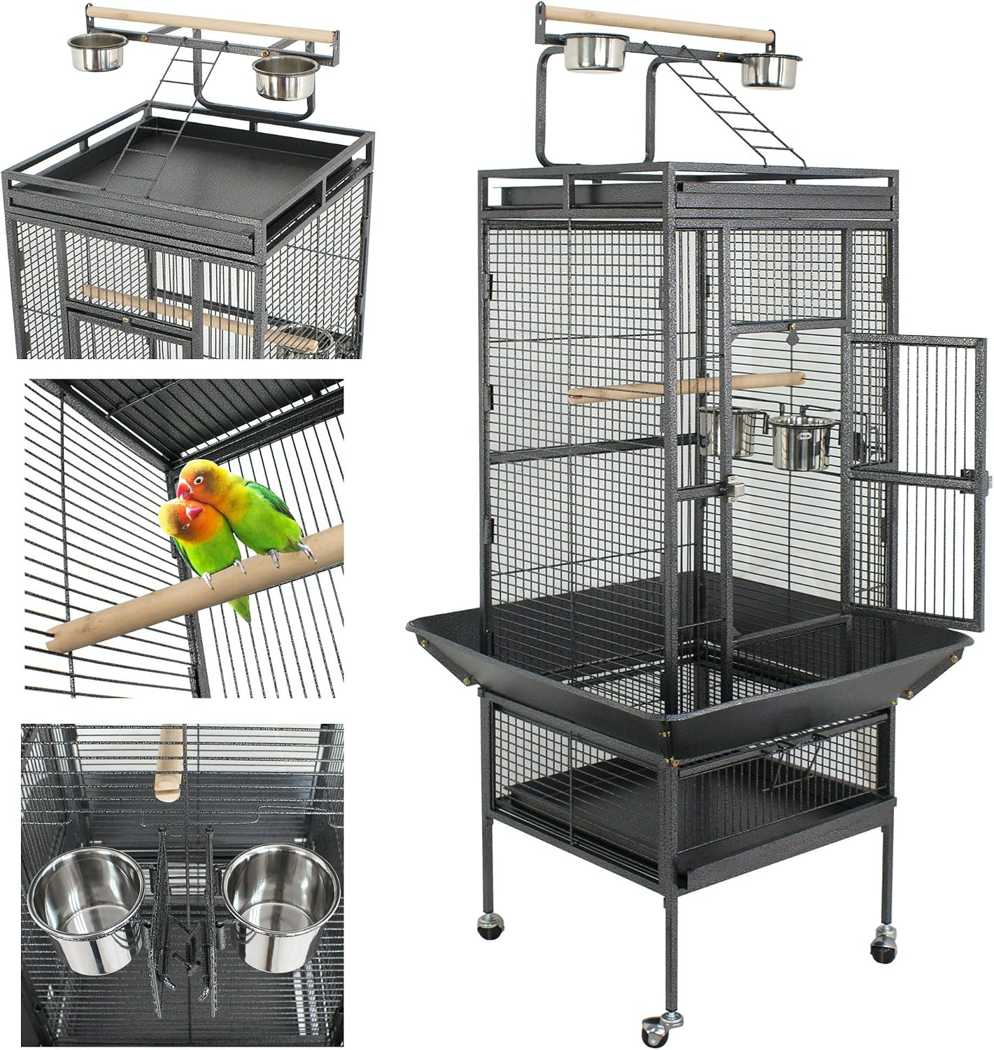 68 inch Iron Bird Cage, Play Top Parrot Cage with Rolling Stand for Parrot Cockatiels Parakeet Cage Macaw Finch Cockatoo Perch Pet House, Black