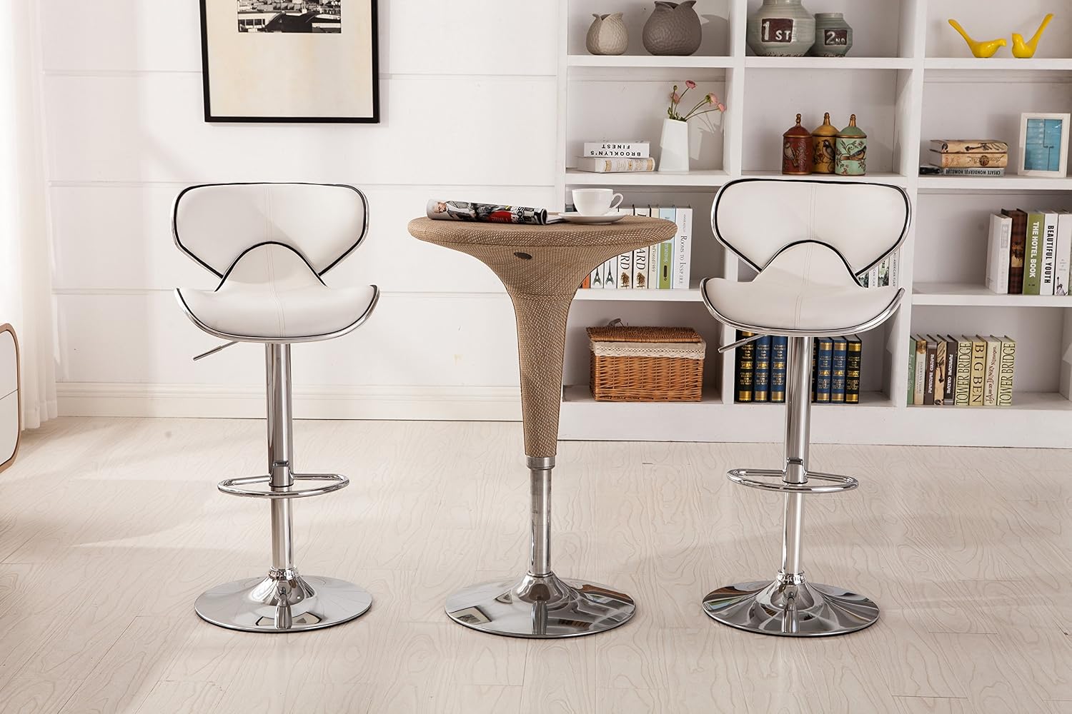Roundhill Furniture Masaccio Cushioned Leatherette Upholstery Airlift Adjustable Swivel Barstool with Chrome Base, Set of 2, Blue