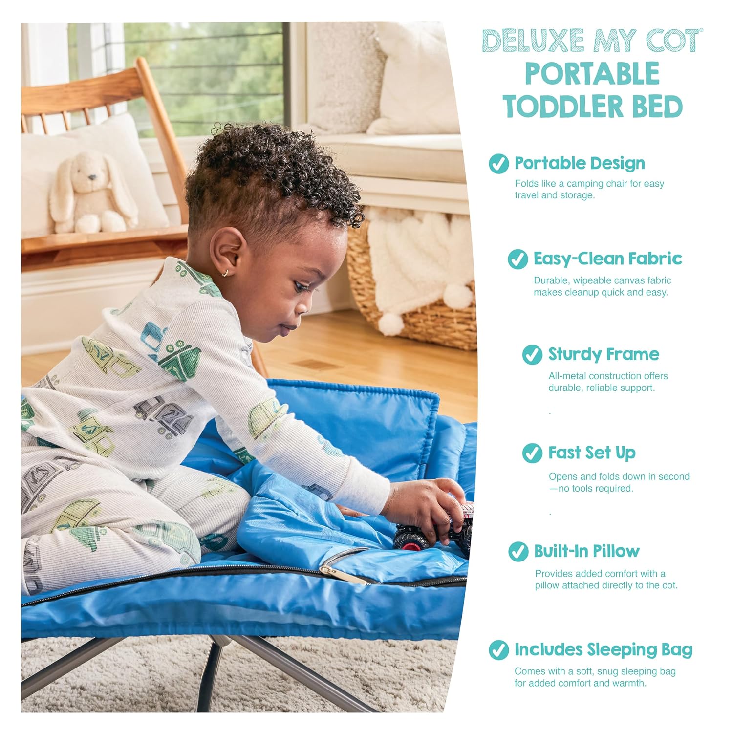 Regalo My Cot Deluxe Portable Toddler Bed, Indoor/Outdoor Kids Nap Cot with Sleeping Bag & Pillow, Lightweight Folding Travel Design for Home, Daycare
