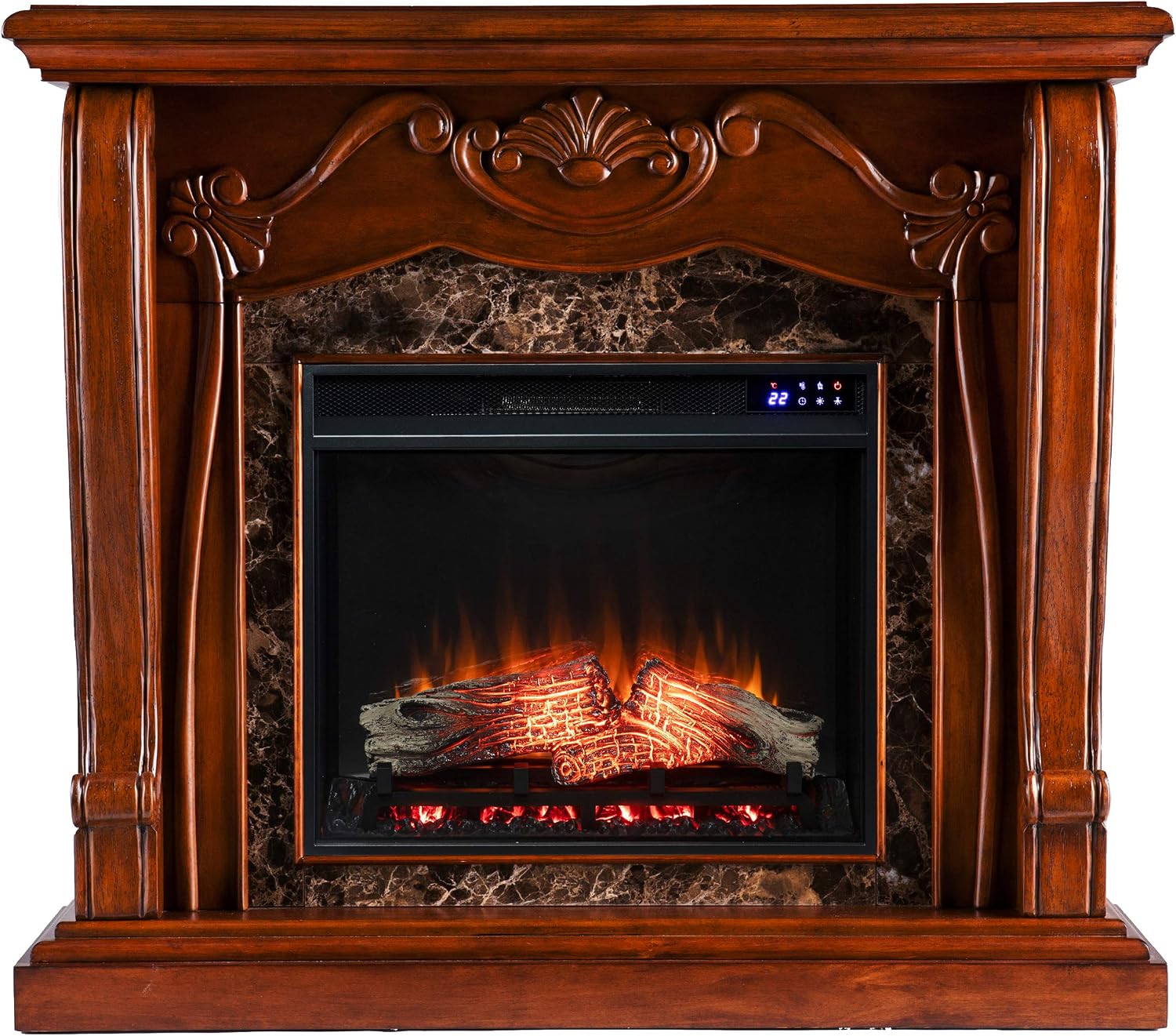 SEI Furniture Cardona Carved Wood & Faux Marble Electric Fireplace, New Walnut