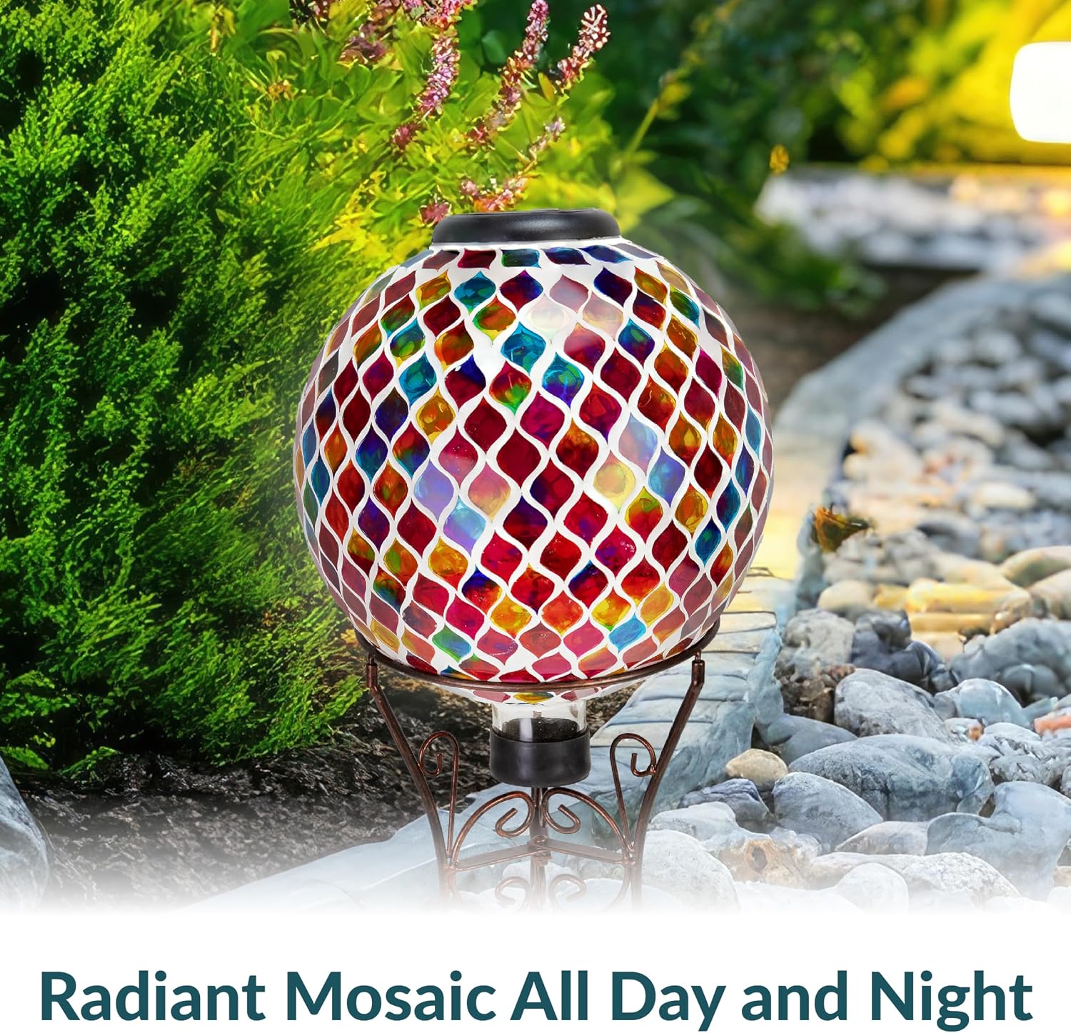 Sunnydaze Solar Gazing Ball for Garden, Mosaic Cool Blooms
