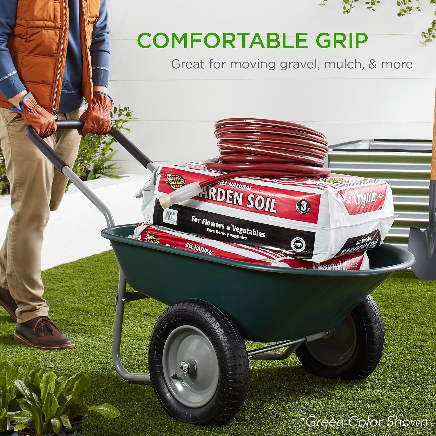 Best Choice Products Dual-Wheel Home Utility Yard Wheelbarrow Garden Cart w/Built-in Stand for Lawn, Gardening, Construction - Green
