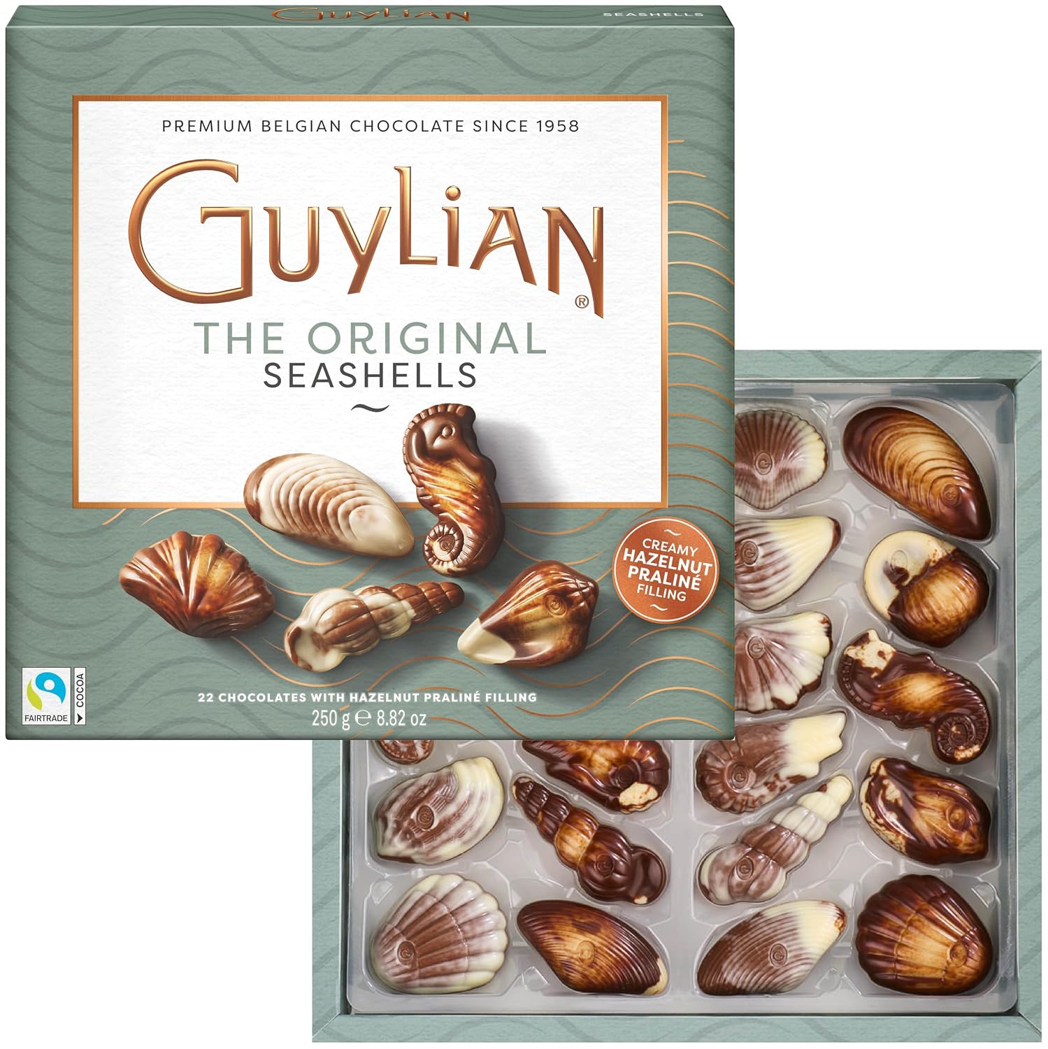 Guylian Belgian Chocolate Seashells, 22 Pieces Hazelnut Praliné, 8.82 Ounce | Gourmet Truffles, Assorted White and Milk Chocolate