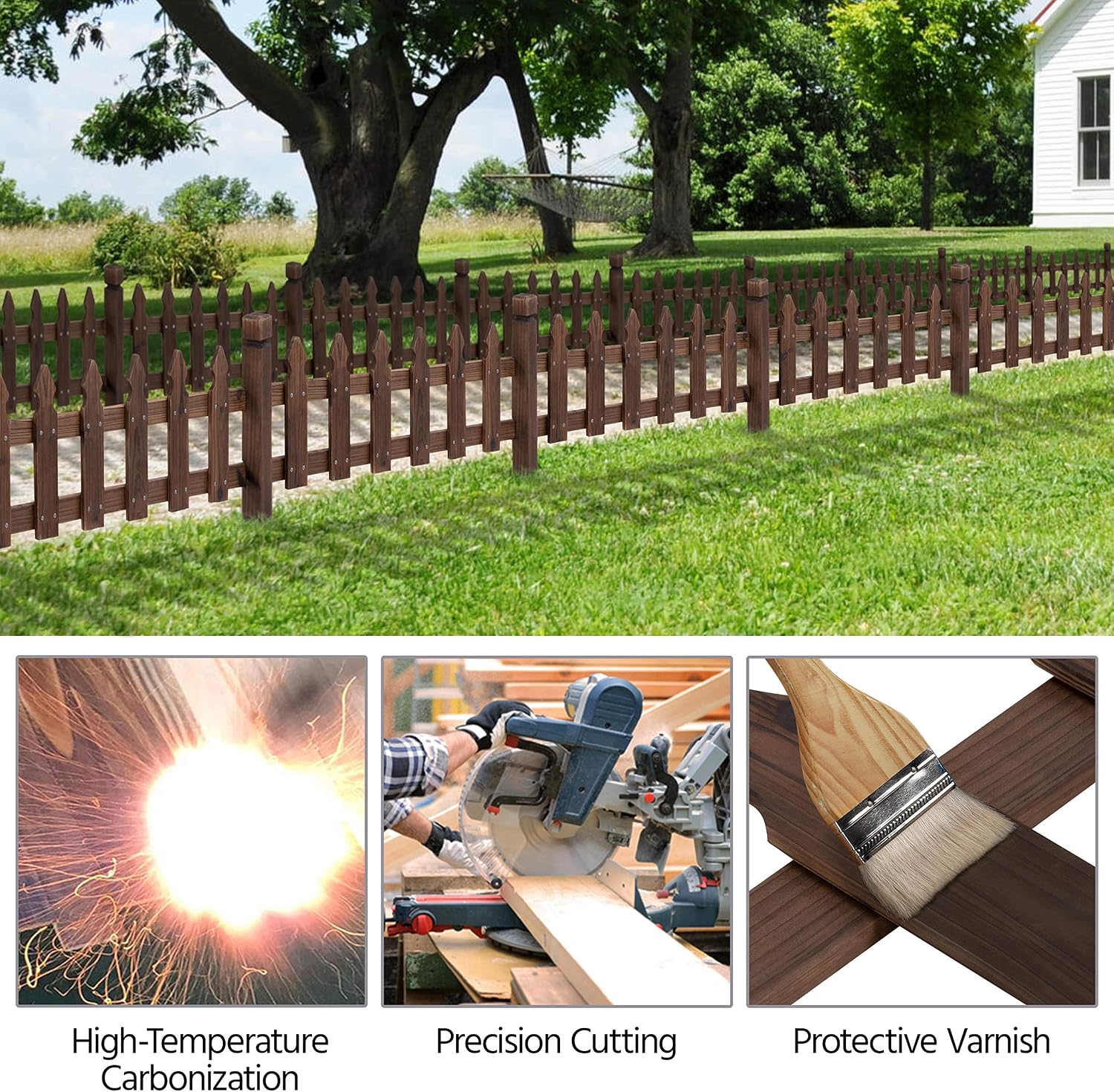 Topeakmart 177.5in Picket Fence for Garden, Wooden Fence Panels,Dark Brown