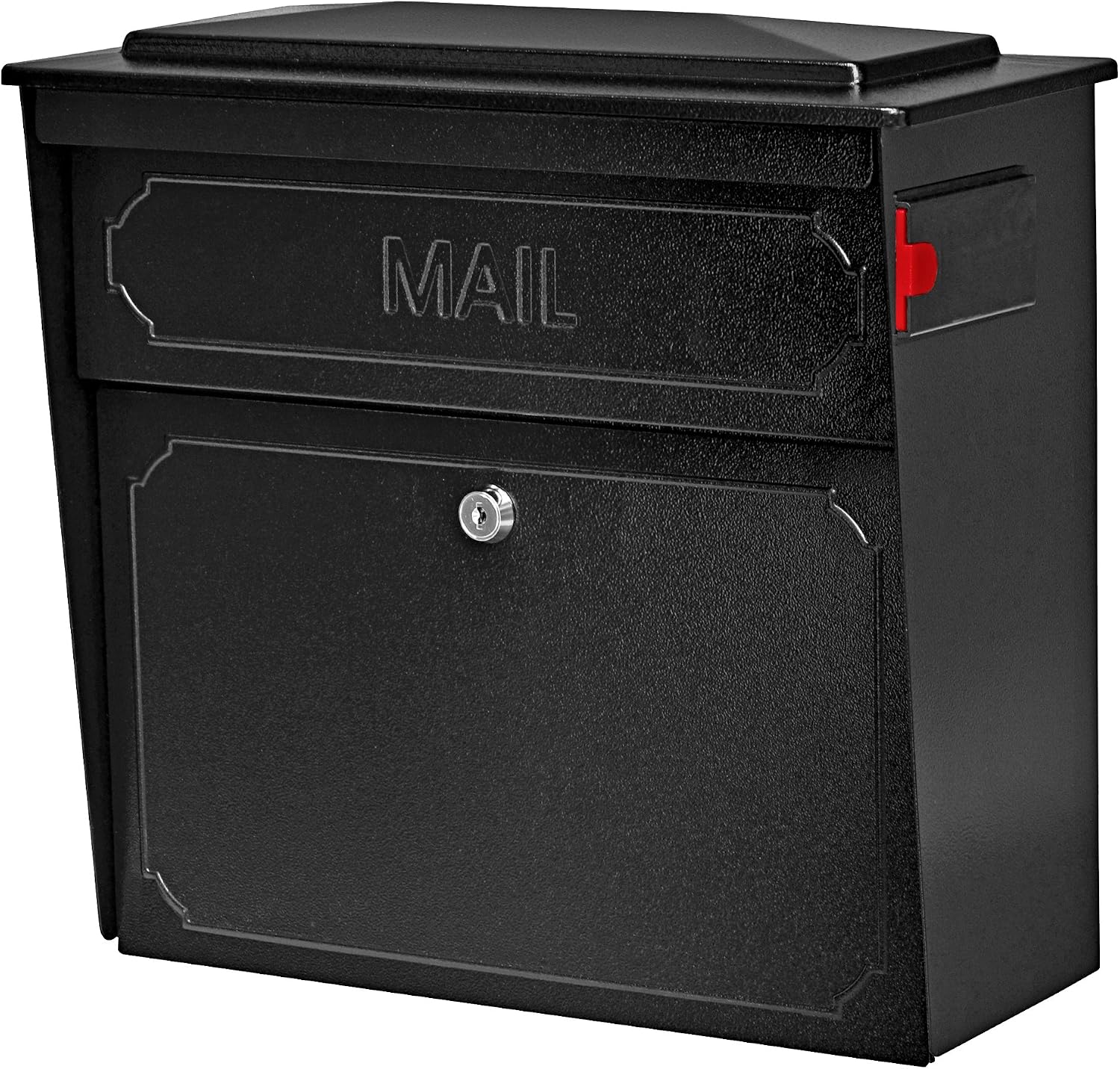 Mail Boss 7172 Townhouse Locking Security Wall Mount Mailbox, Black, Pack of 1 | Anti-pry locking door, classic stamped-panel design with decorative top cap, fixed slot fits envelopes and magazines.